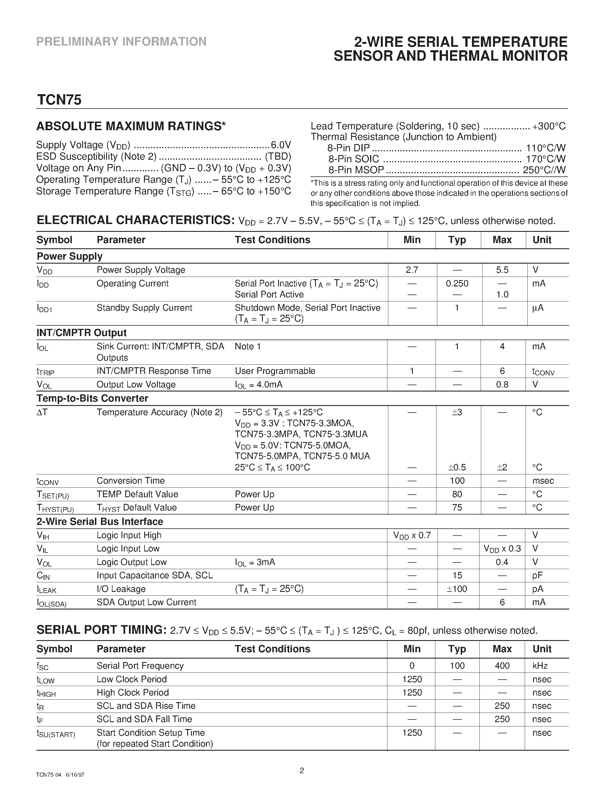 Datasheet TCN75 - 2-WIRE SERIAL TEMPERATURE SENSOR AND THERMAL MONITOR page 2