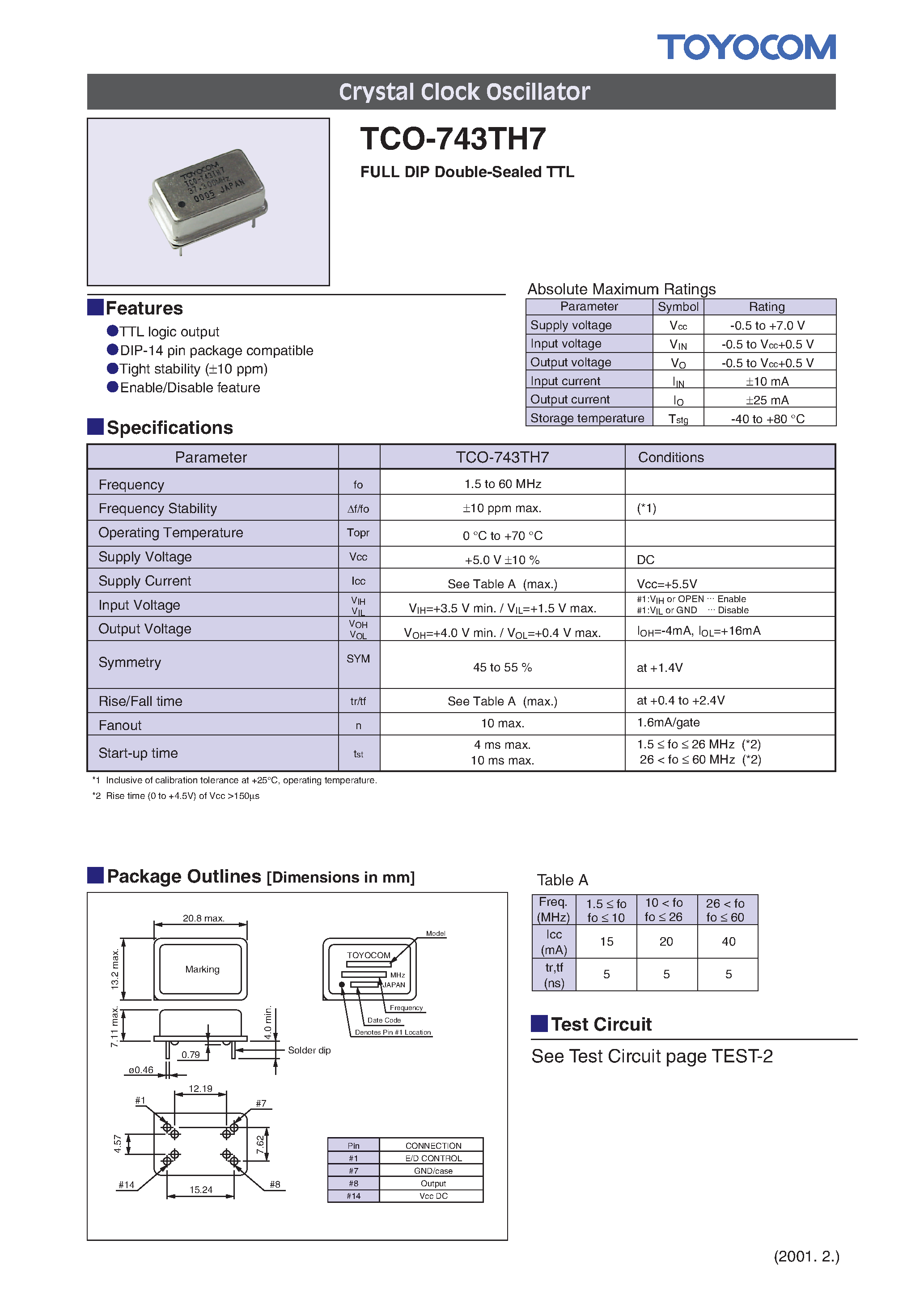 Datasheet TCO-743TH7 - Crystal Clock Oscillator page 1
