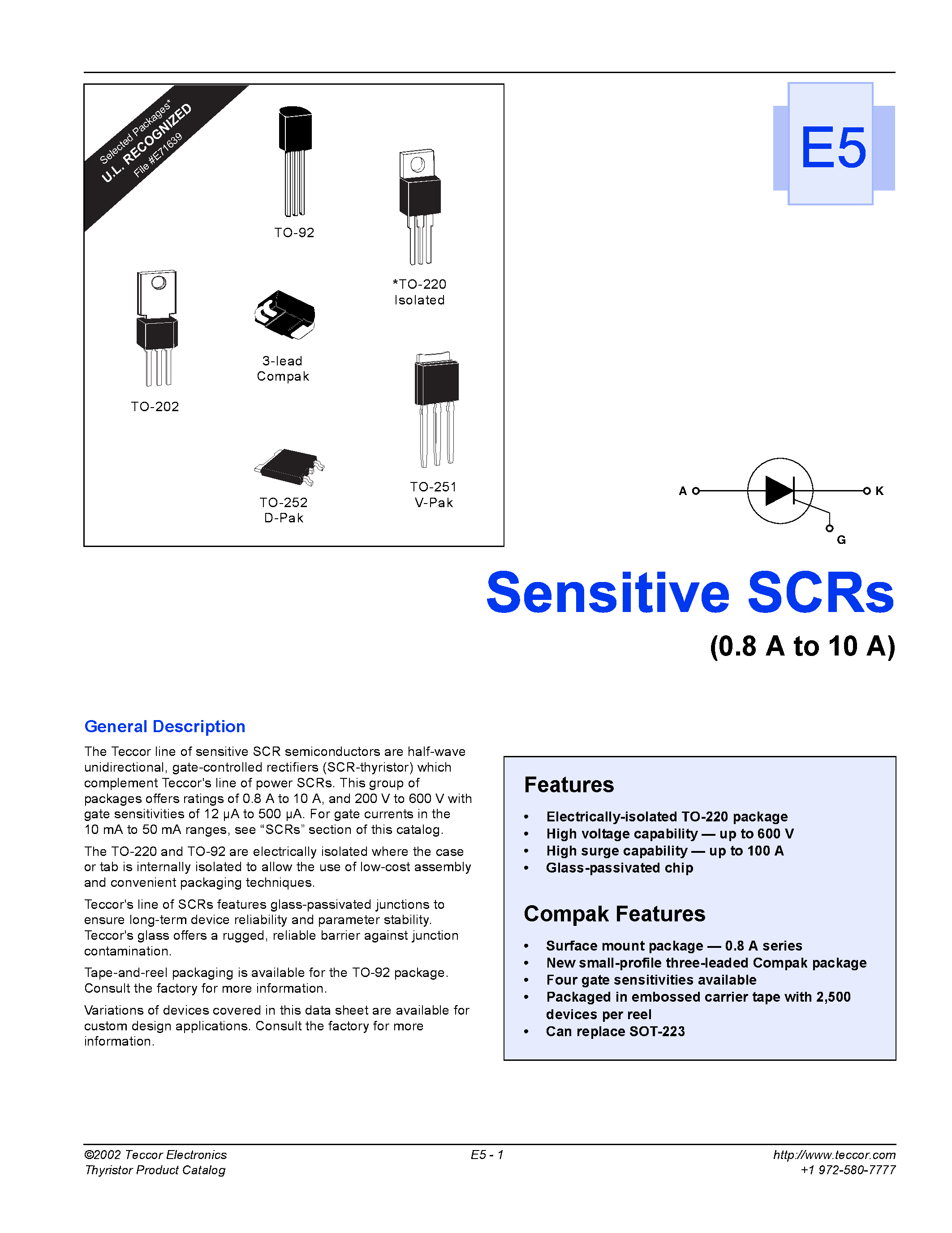 Datasheet TCR22-4 - Sensitive SCRs page 1