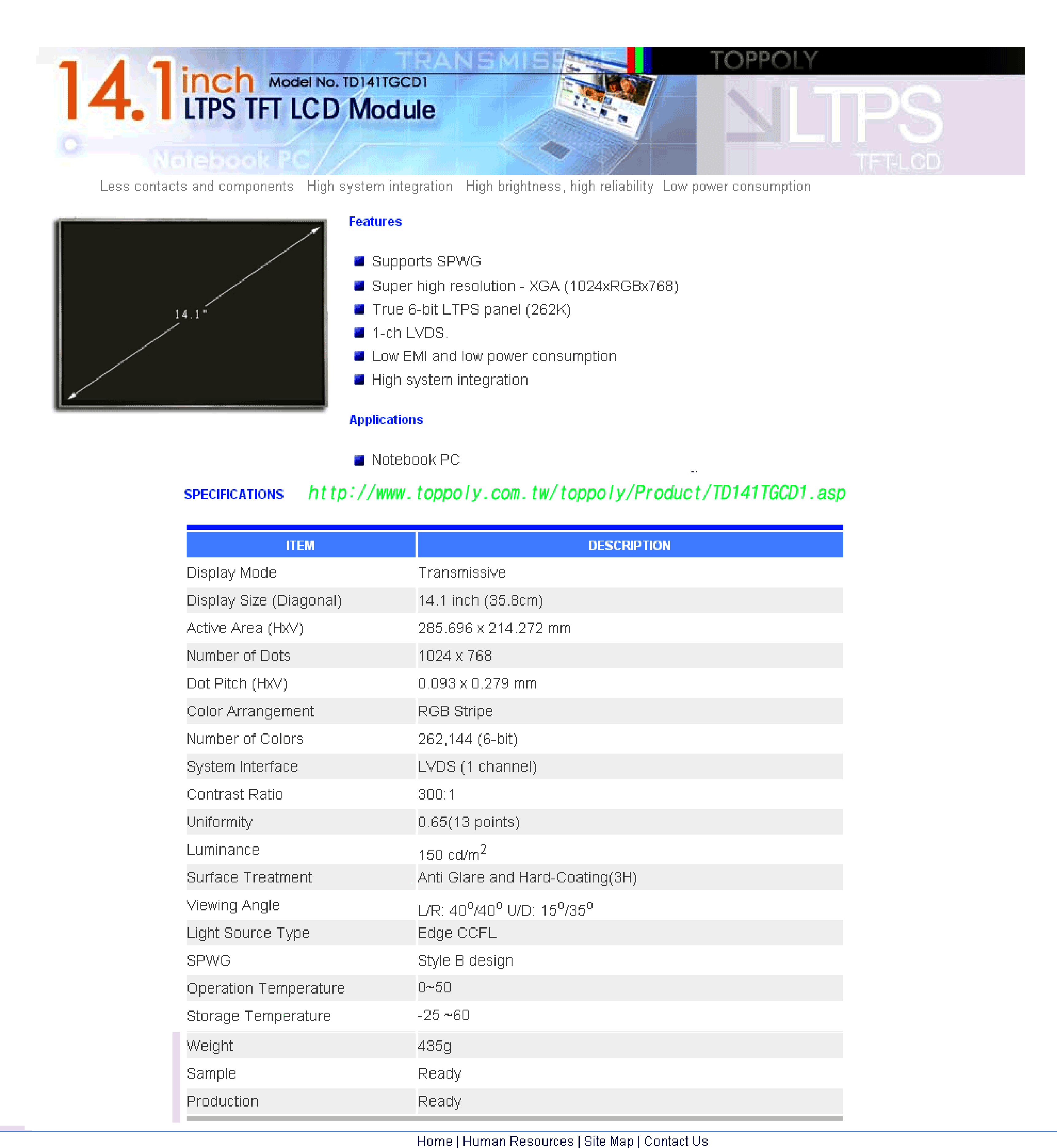 Datasheet TD141TGCD1 - 14.1inch LTPS TFT LCD Module page 1
