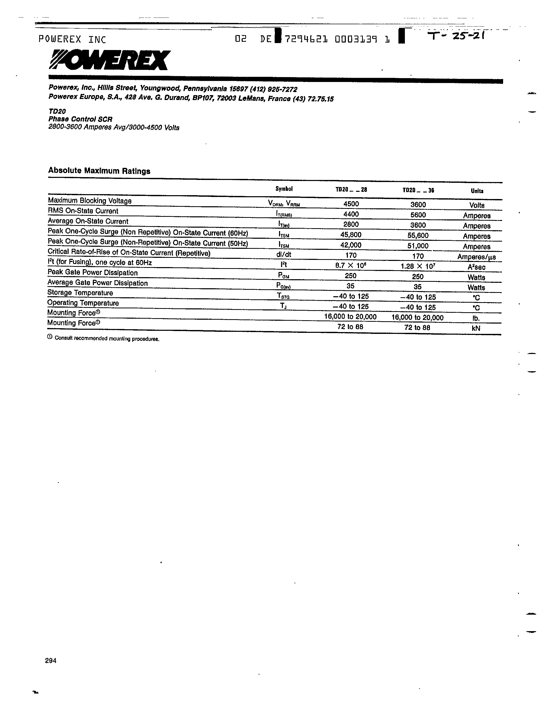 Datasheet TD204536 page 2 Datasheet TD204536 - Phase Control SCR (2800-3600 Amperes Avg 3000-4500 Volts) page 2