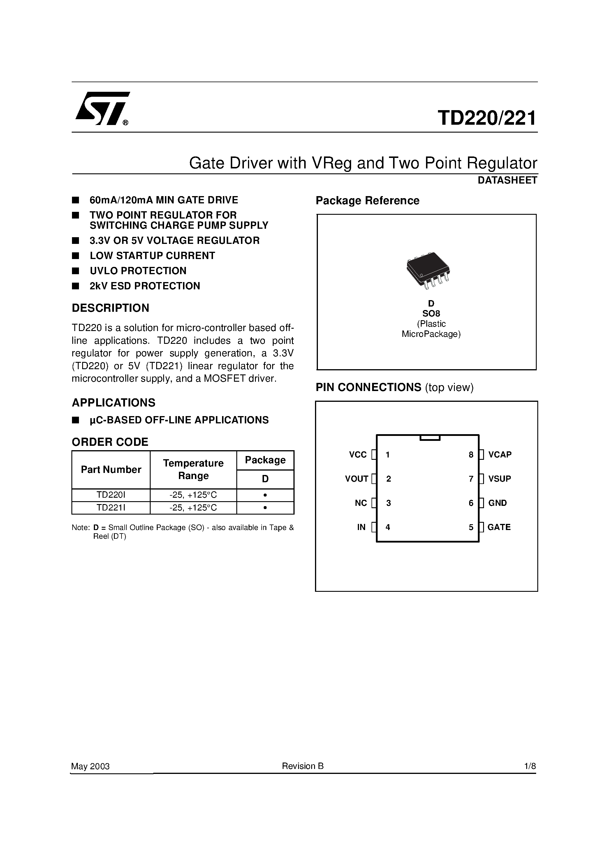 Datasheet TD221I page 1 Datasheet TD221I - Gate Driver with VReg and Two Point Regulator page 1