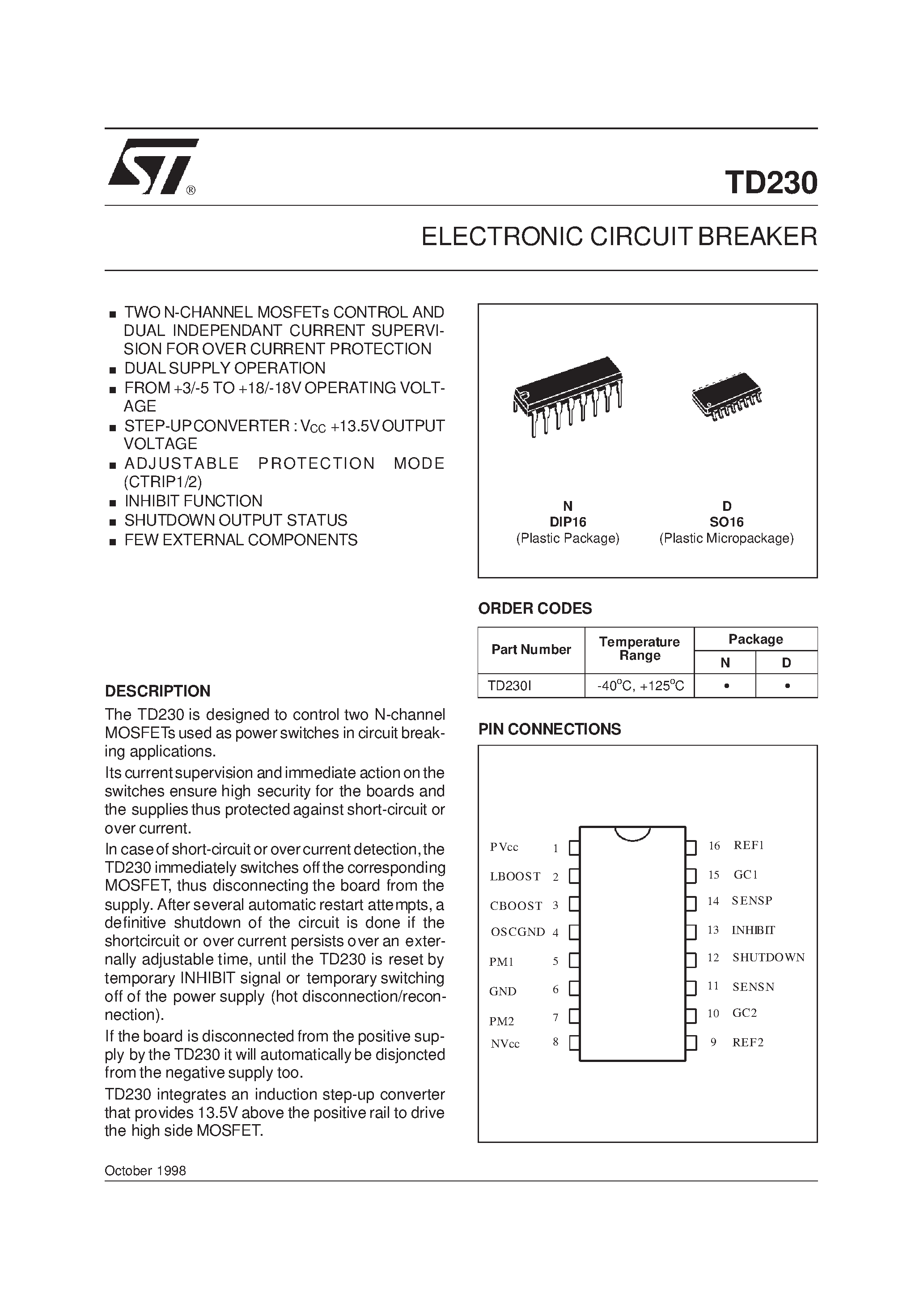 Даташит TD230D - ELECTRONIC CIRCUIT BREAKER страница 1
