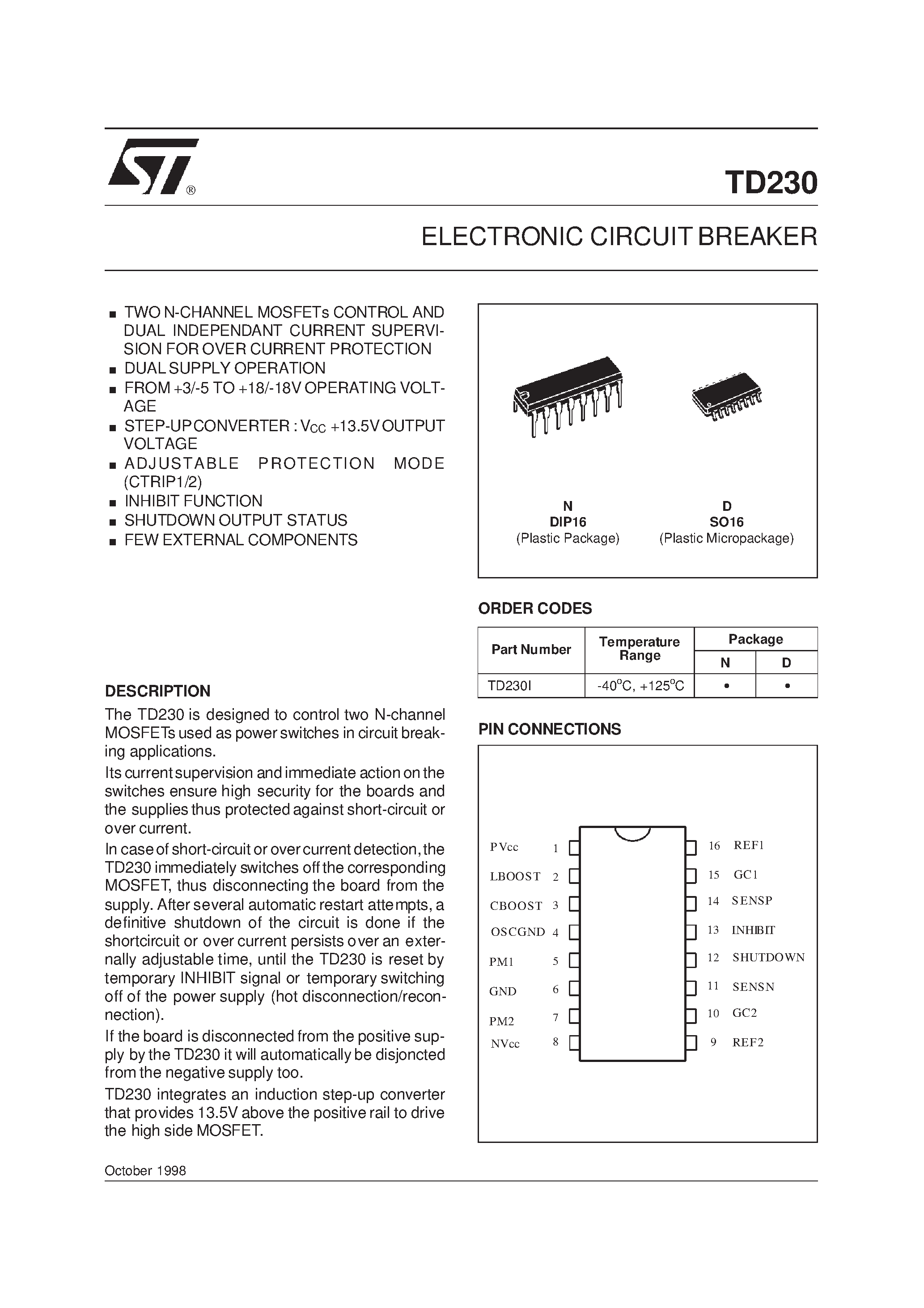 Datasheet TD230I page 1 Datasheet TD230I - ELECTRONIC CIRCUIT BREAKER page 1