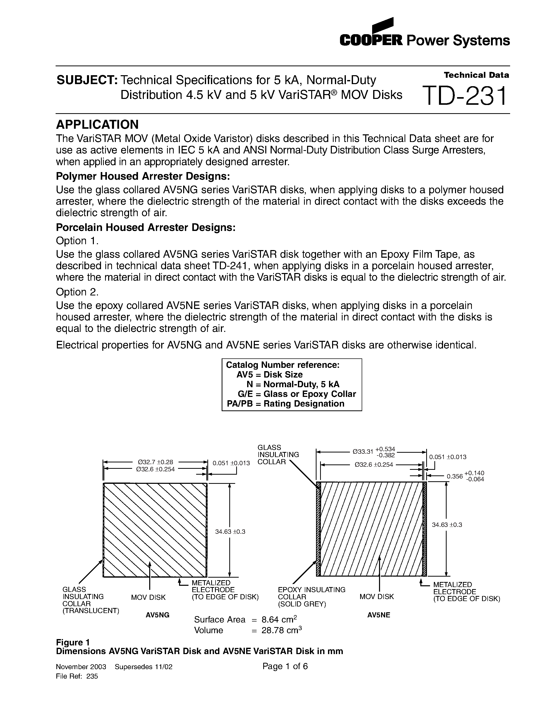 Datasheet TD231 - Technical Specifications for 5 kA/ Normal-Duty Distribution 4.5 kV and 5 kV VariSTAR MOV Disks page 1