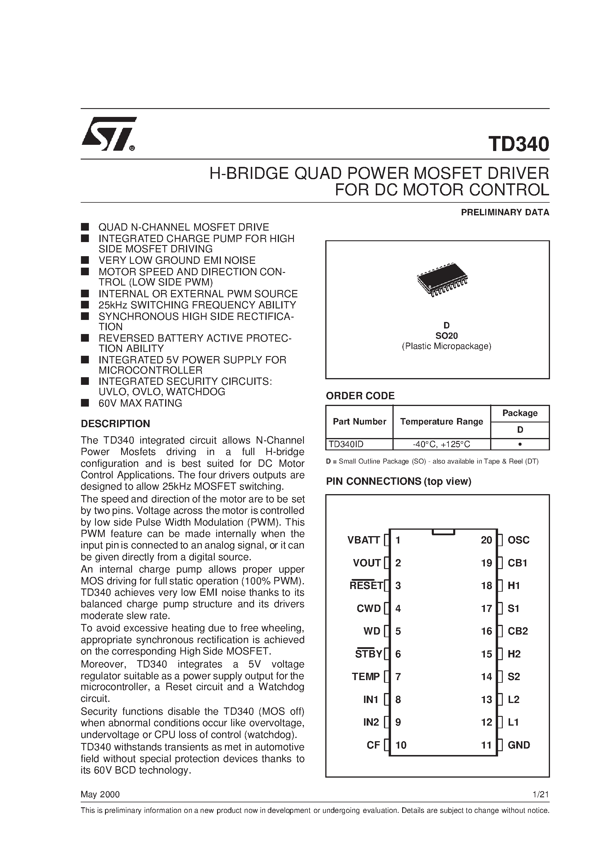 Datasheet TD340ID - H-BRIDGE QUAD POWER MOSFET DRIVER FOR DC MOTOR CONTROL page 1