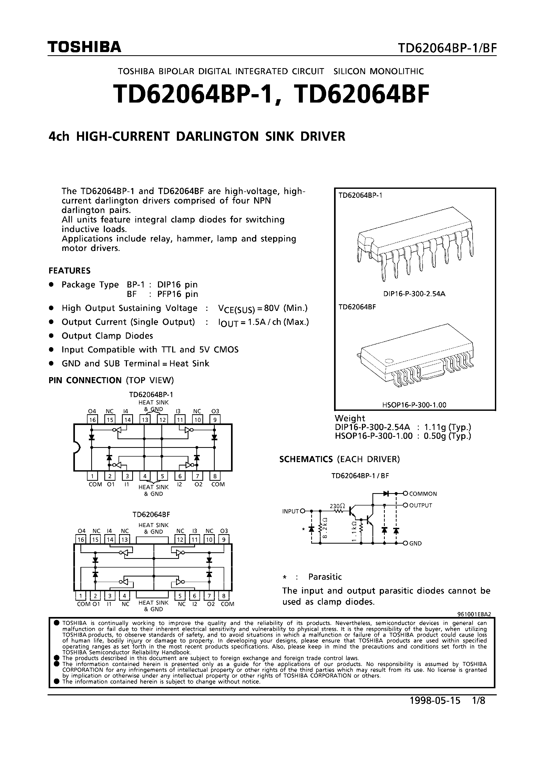 Datasheet TD62064BP-1 page 1 Datasheet TD62064BP-1 - 4CH HIGH-CURRENT DARLINGTON SINK DRIVER page 1