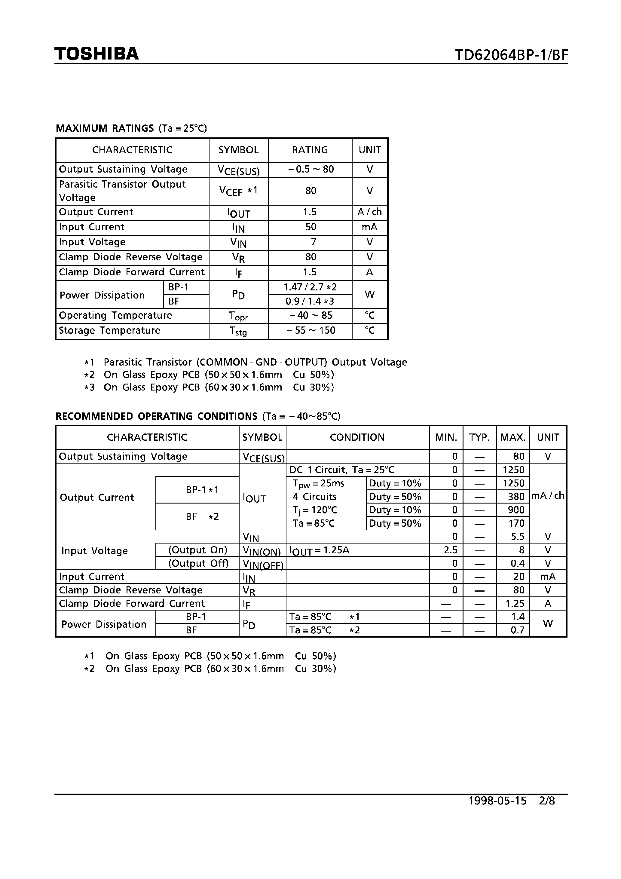 Datasheet TD62064BP-1 page 2 Datasheet TD62064BP-1 - 4CH HIGH-CURRENT DARLINGTON SINK DRIVER page 2