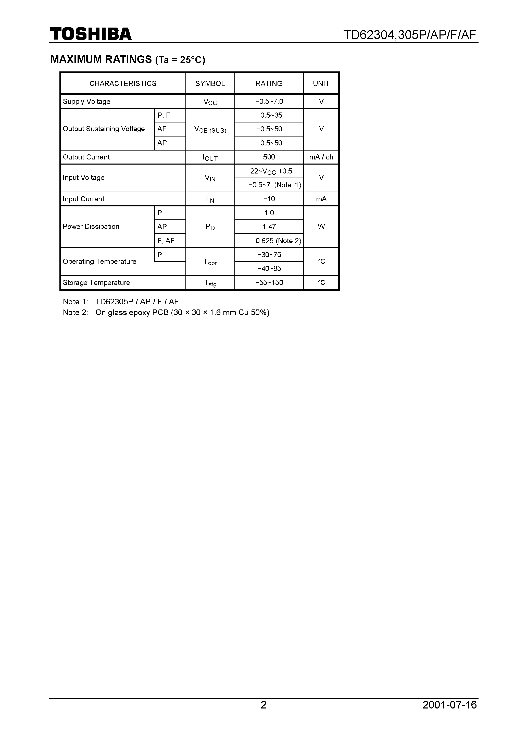 Datasheet TD62305F - 7CH LOW ACTIVE DARLINGTON SINK DRIVER page 2