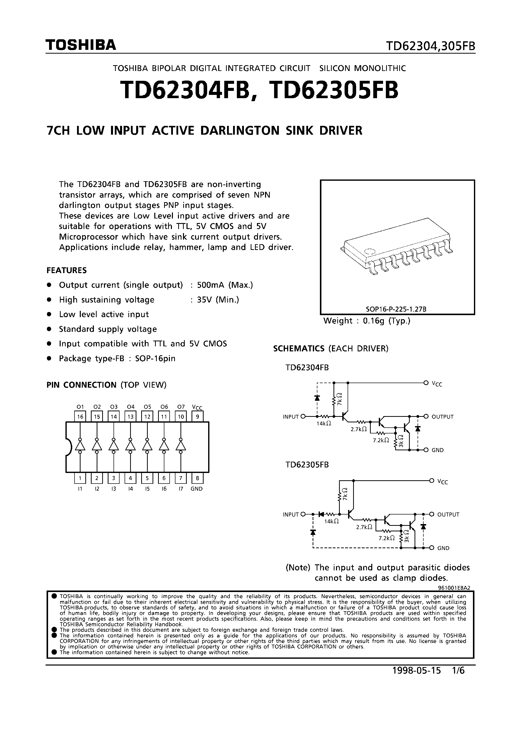 Datasheet TD62305FB - 7CH LOW INPUT ACTIVE DARLINGTON SINK DRIVER page 1