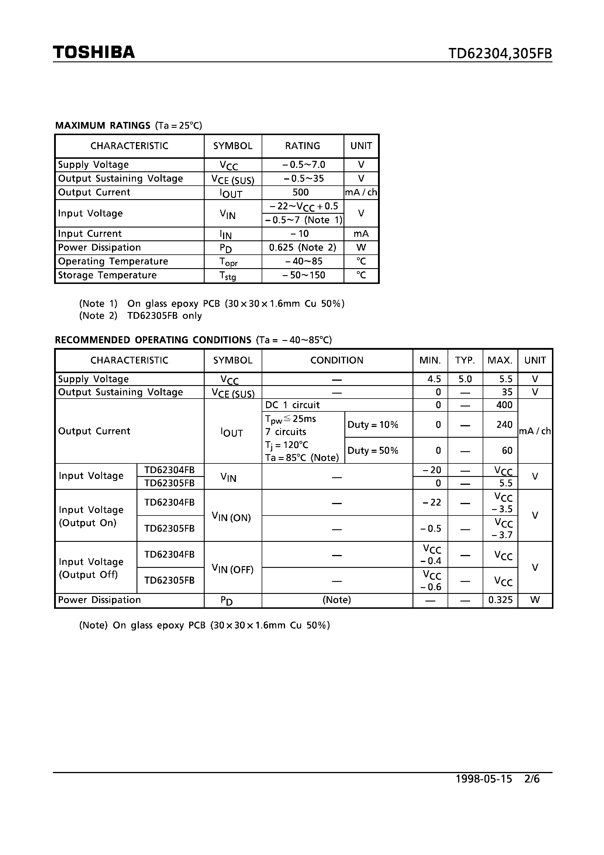 Datasheet TD62305FB - 7CH LOW INPUT ACTIVE DARLINGTON SINK DRIVER page 2