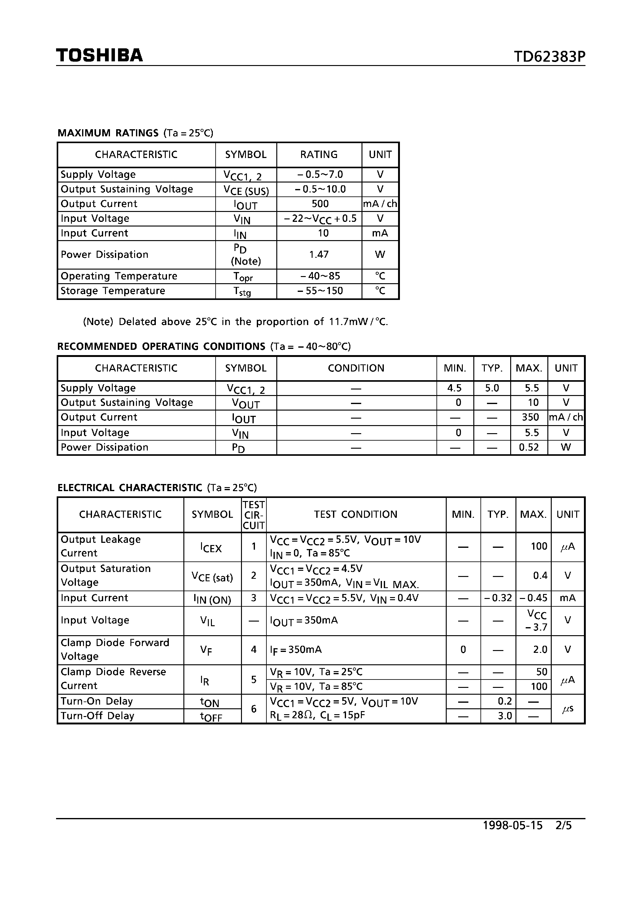 Datasheet TD62383 page 2 Datasheet TD62383 - 8CH LOW INPUT ACTIVE SINK DRIVER page 2