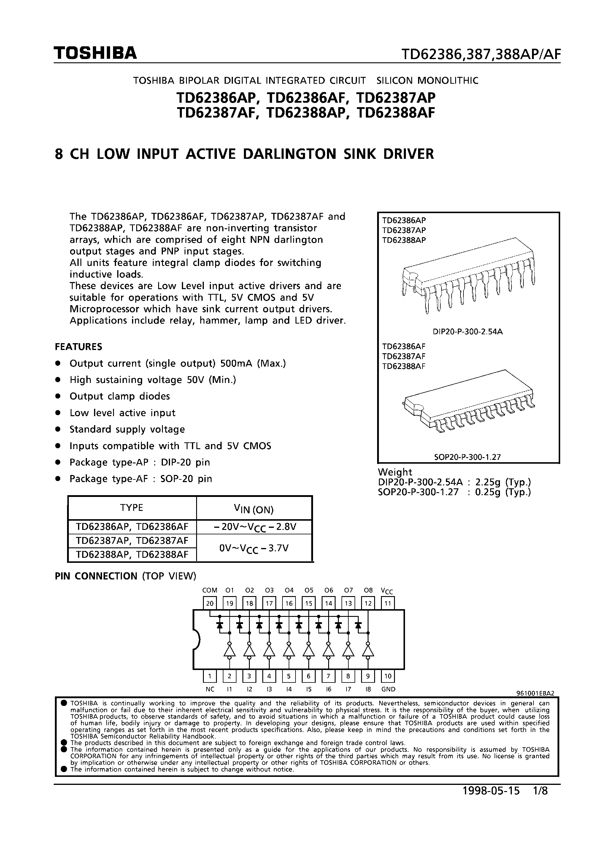 Даташит TD62388AF - 8CH LOW INPUT ACTIVE DARLINGTON SINK DRIVER страница 1