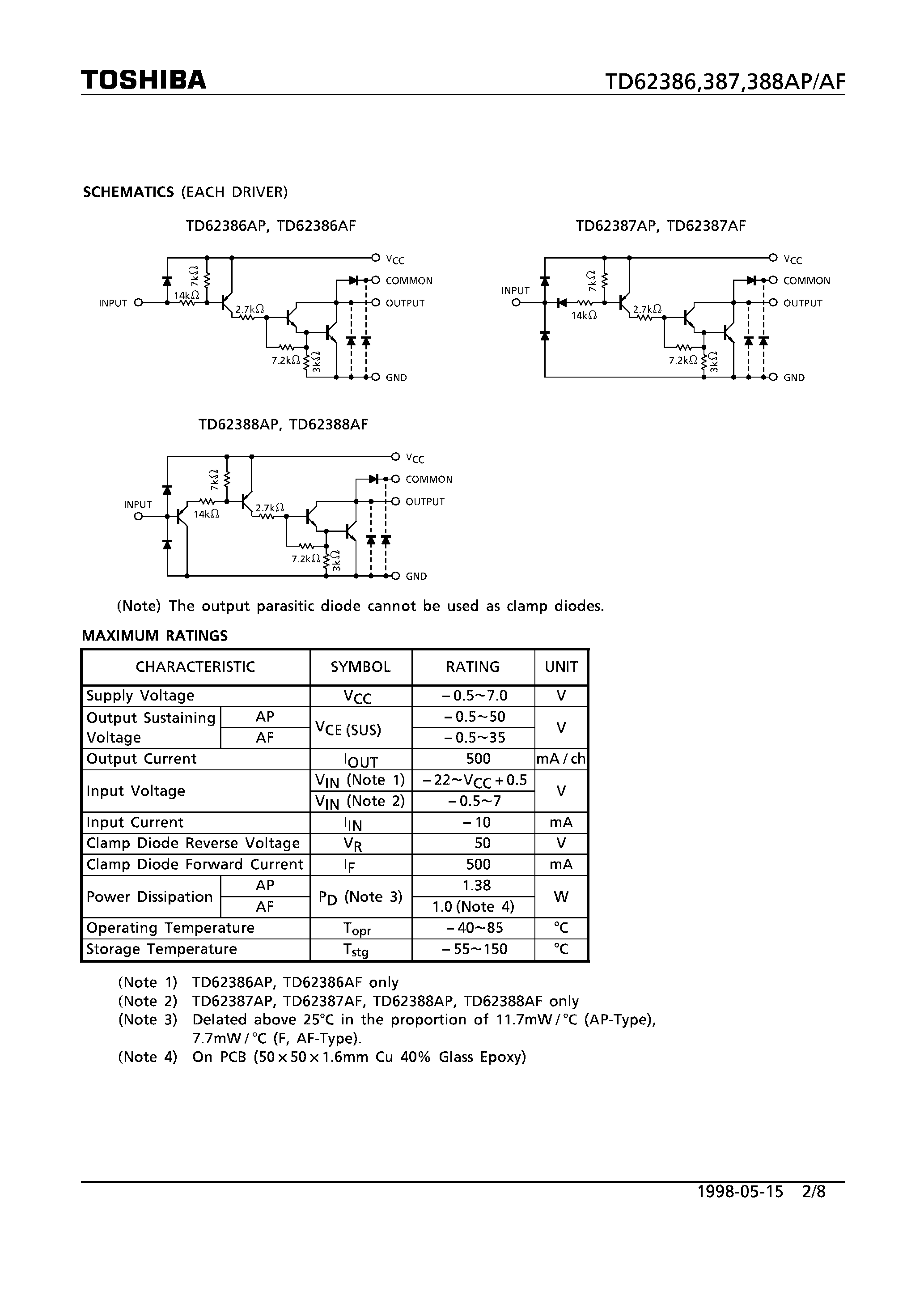 Даташит TD62388AF - 8CH LOW INPUT ACTIVE DARLINGTON SINK DRIVER страница 2