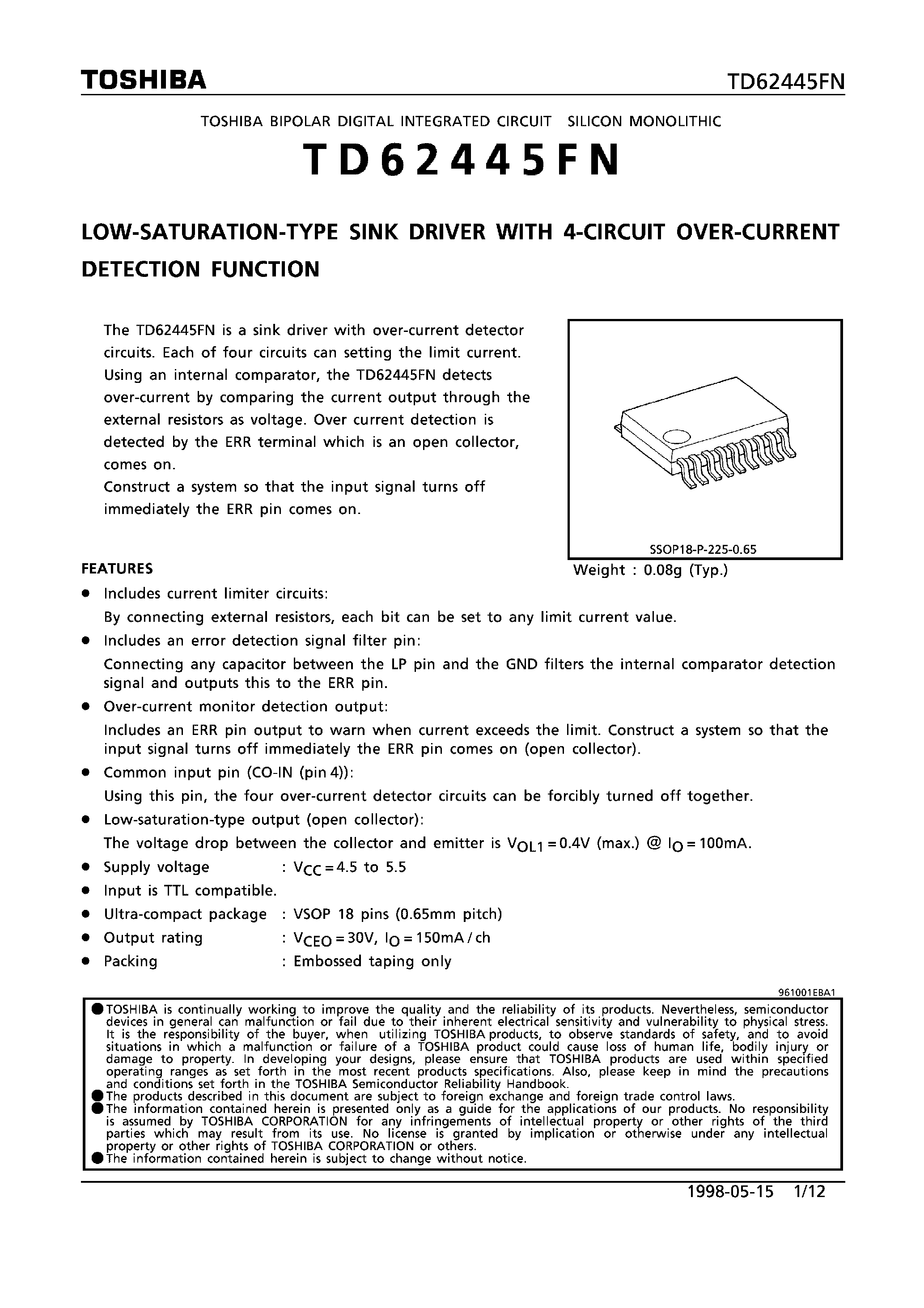 Datasheet TD62445FN page 1 Datasheet TD62445FN - LOW-SATURATION-TYPE SINK DRIVER WITH 4-CIRCUIT OVER-CURRENT DETECTION FUNCTION page 1