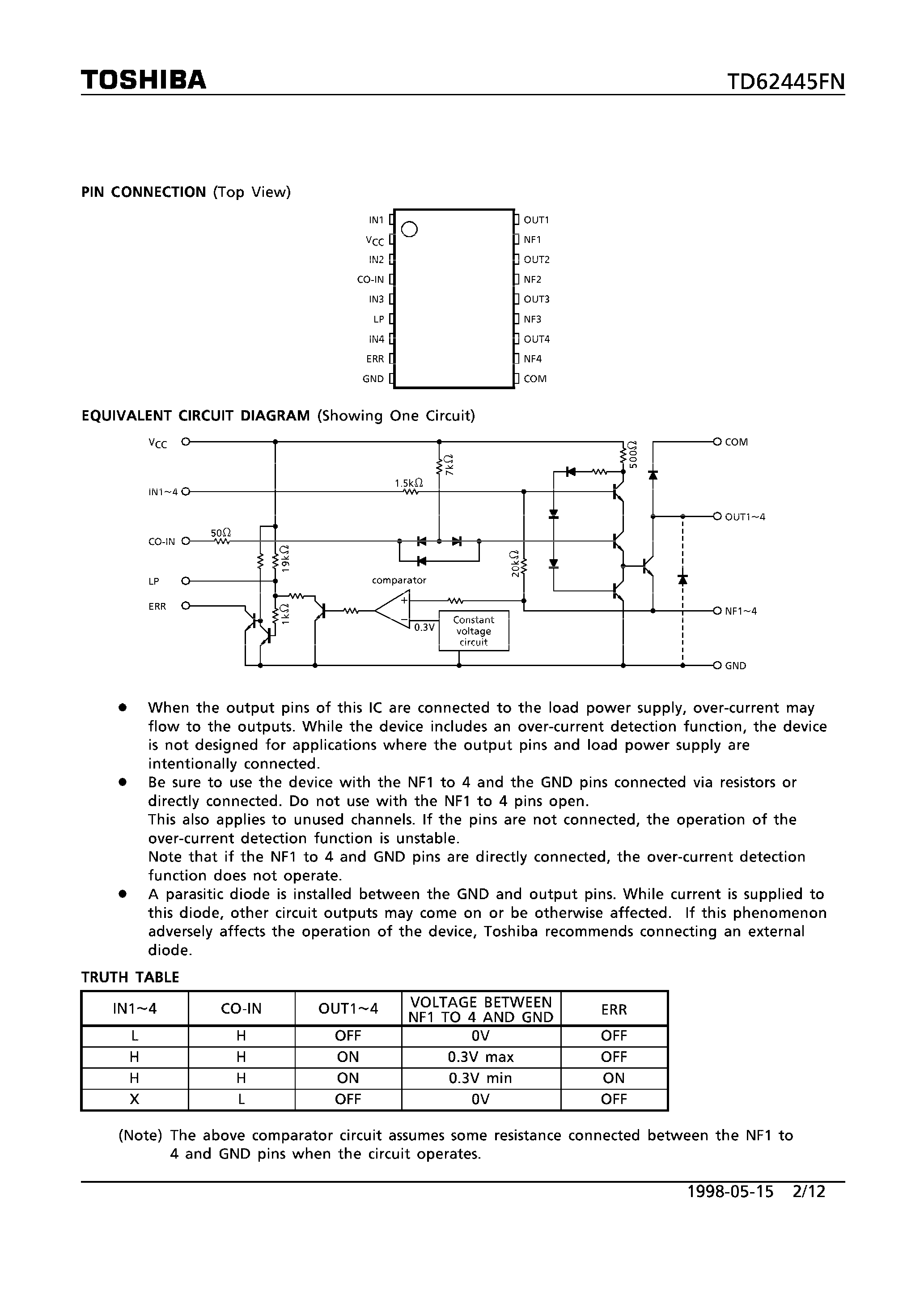 Datasheet TD62445FN page 2 Datasheet TD62445FN - LOW-SATURATION-TYPE SINK DRIVER WITH 4-CIRCUIT OVER-CURRENT DETECTION FUNCTION page 2