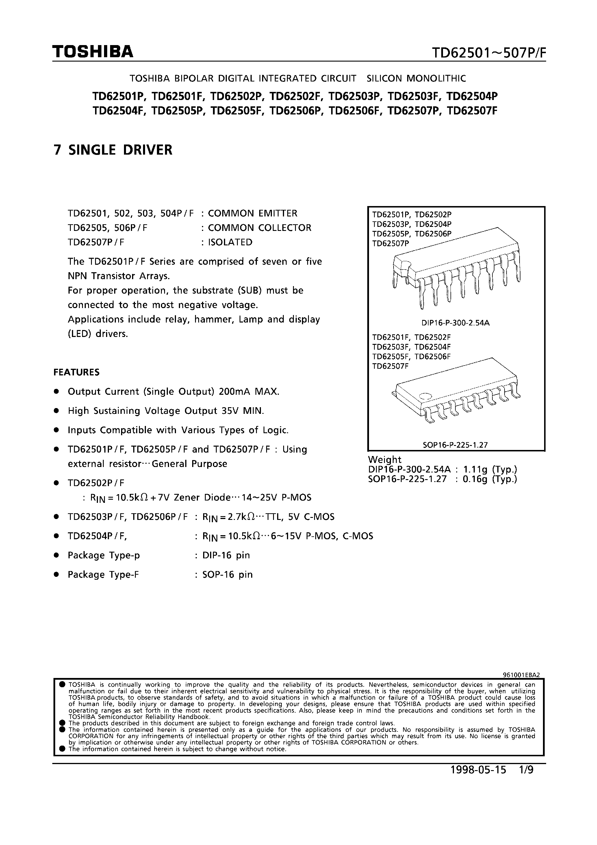 Даташит TD62505P - 7 SINGLE DRIVER страница 1