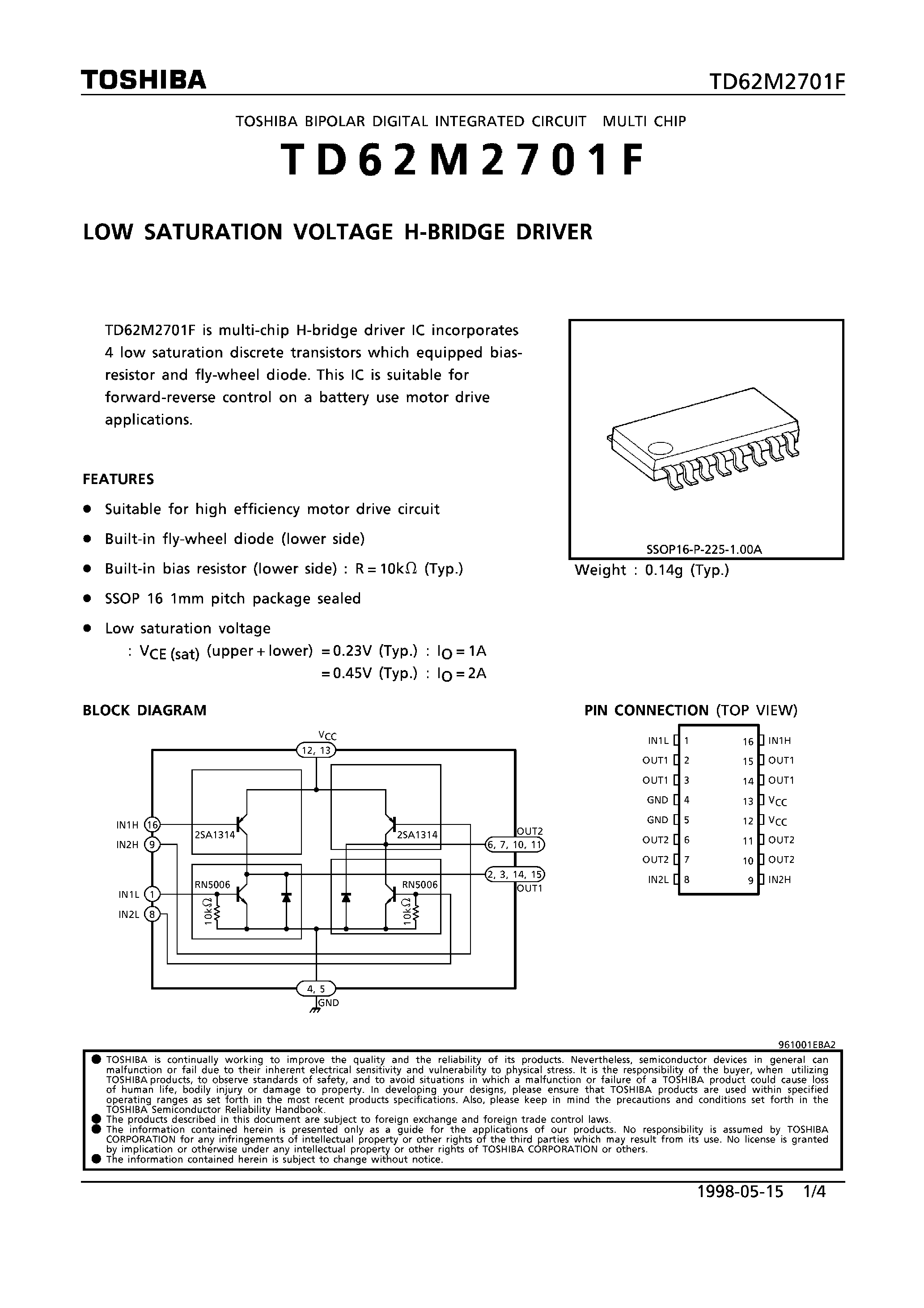 Datasheet TD62M2701F - LOW SATURATION VOLTAGE H-BRIDGE DRIVER page 1