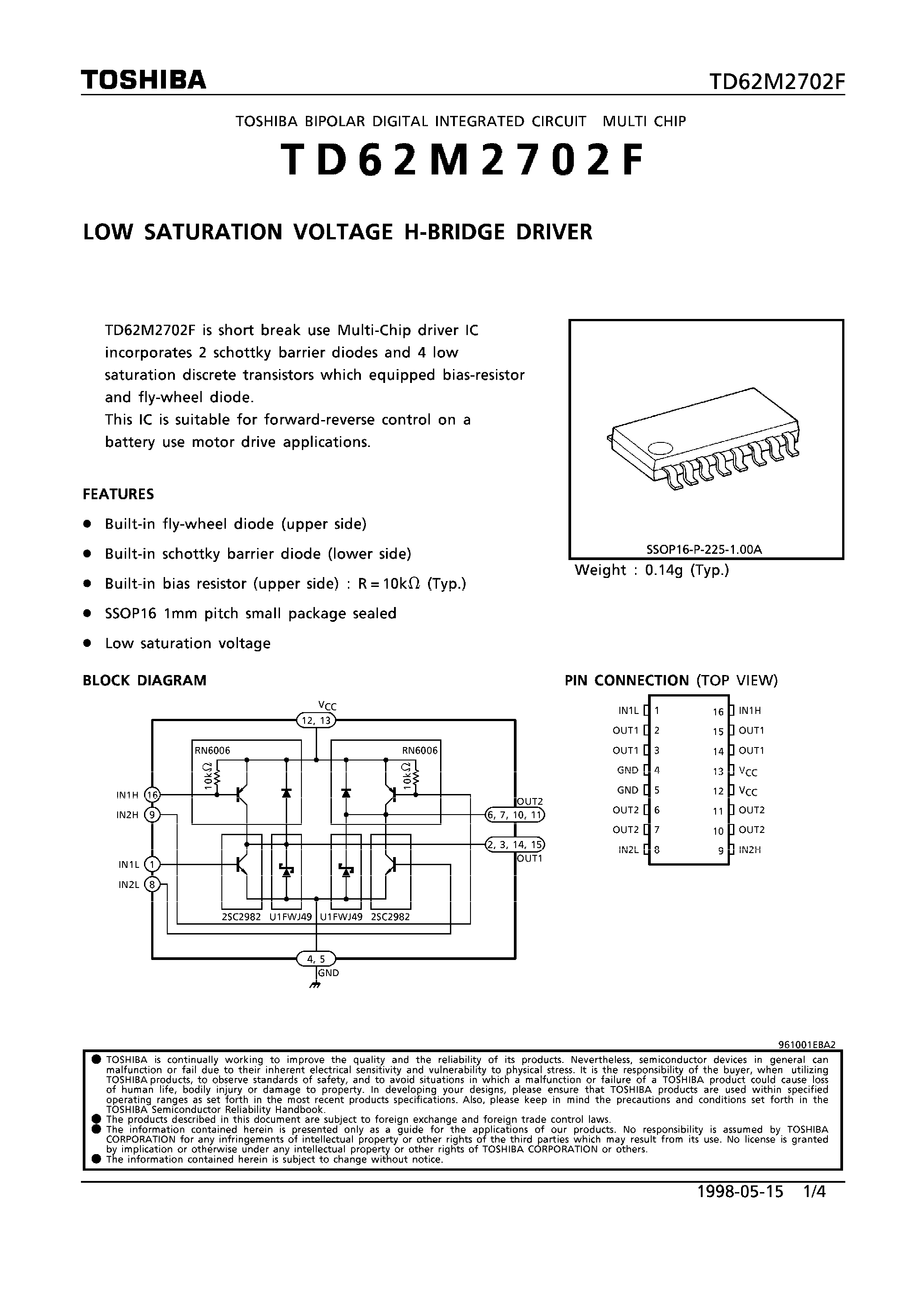 Datasheet TD62M2702F page 1 Datasheet TD62M2702F - LOW SATURATION VOLTAGE H-BRIDGE DRIVER page 1