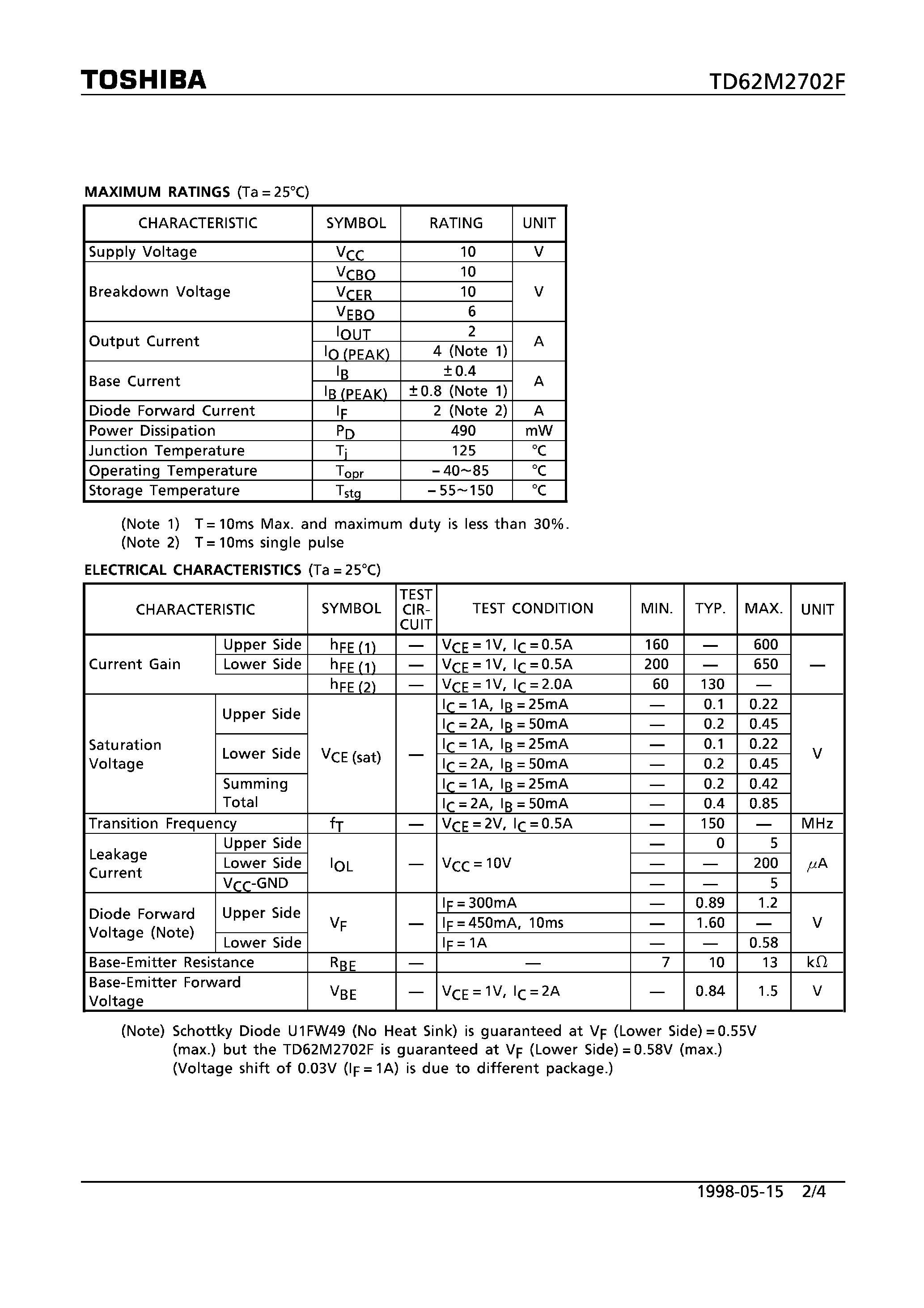 Datasheet TD62M2702F page 2 Datasheet TD62M2702F - LOW SATURATION VOLTAGE H-BRIDGE DRIVER page 2