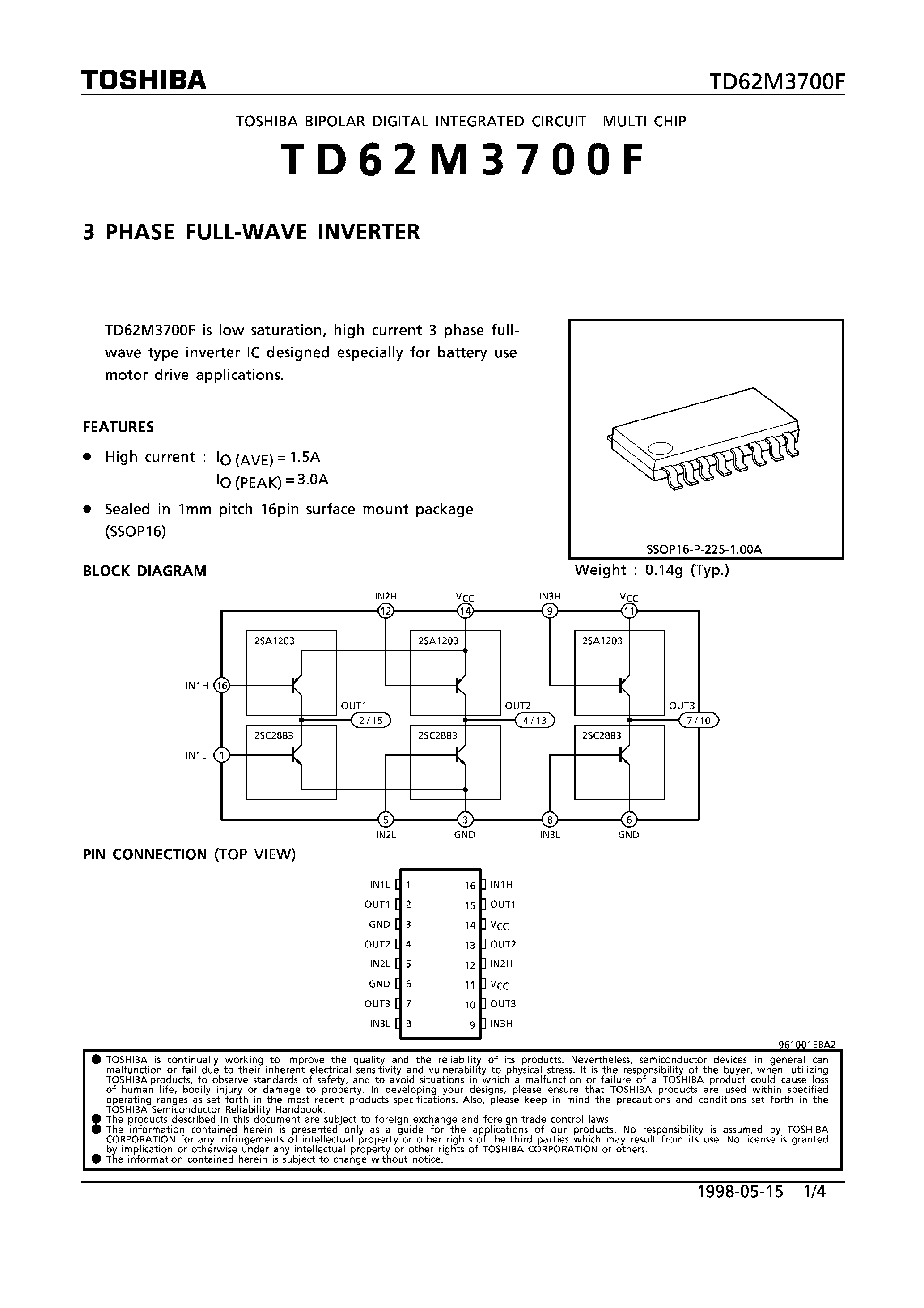 Datasheet TD62M3700 - 3 PHASE FULL-WAVE INVERTER page 1