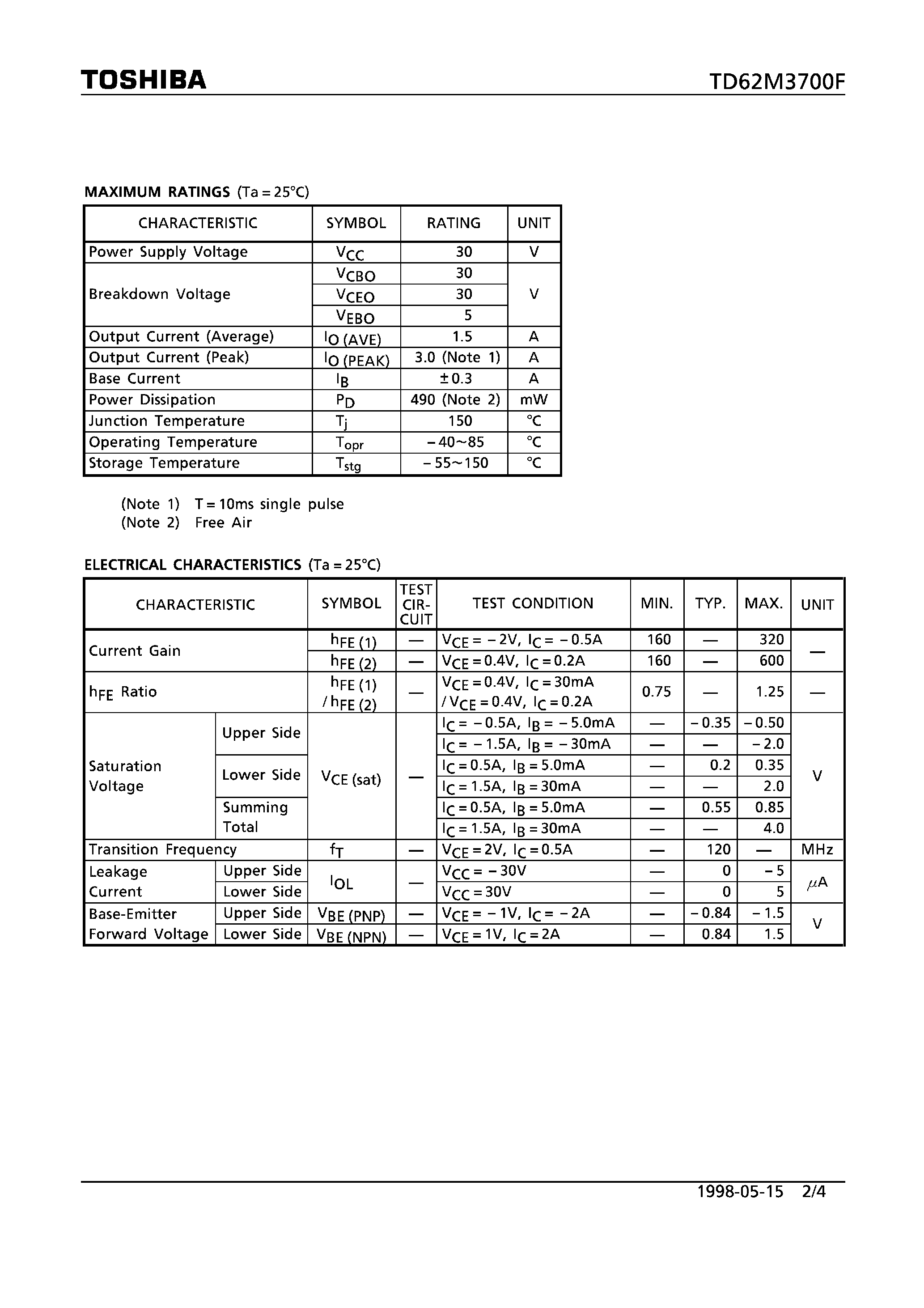 Datasheet TD62M3700F - 3 PHASE FULL-WAVE INVERTER page 2