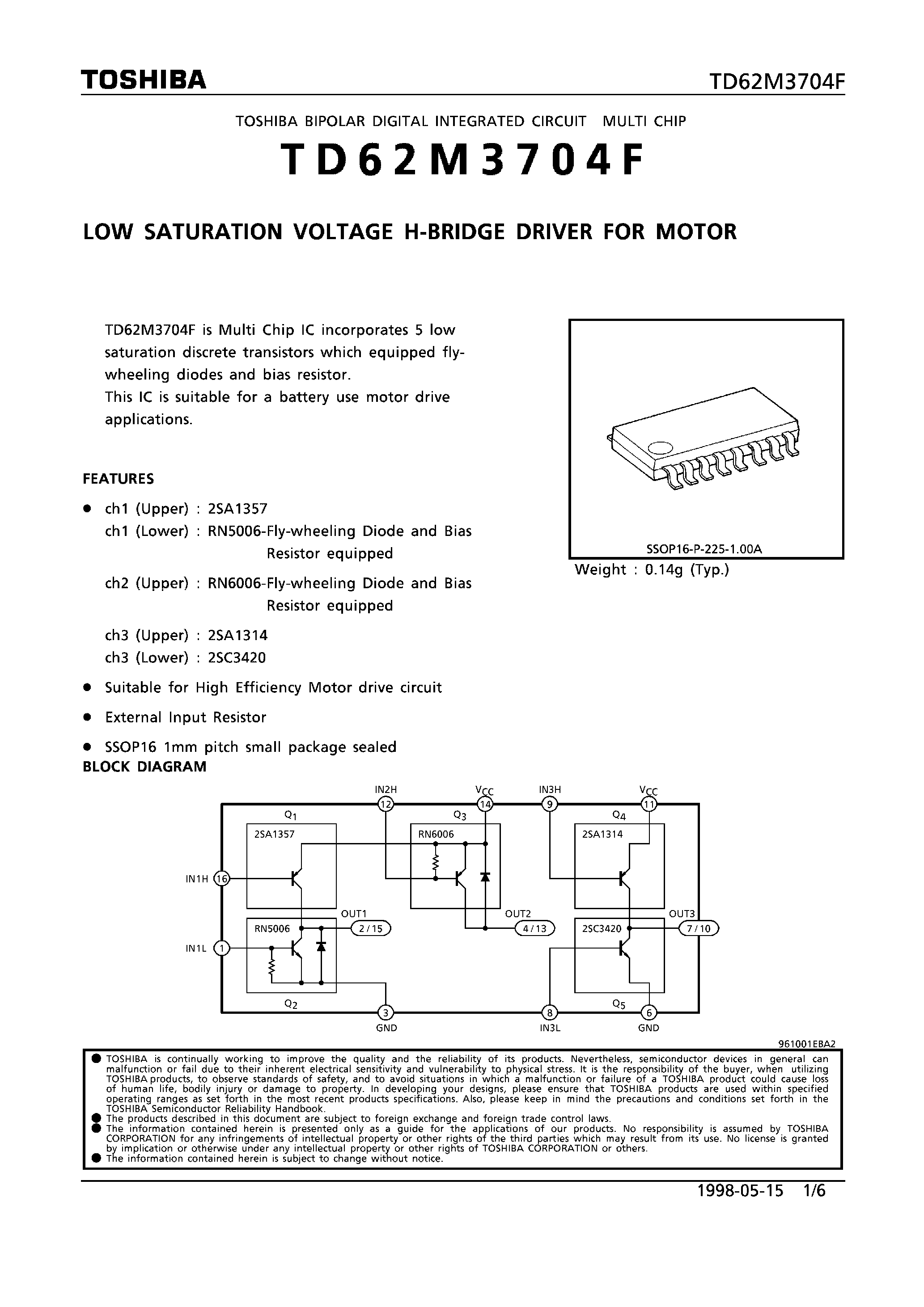 Datasheet TD62M3704F page 1 Datasheet TD62M3704F - LOW SATURATION VOLTAGE H-BRIDGE DRIVER FOR MOTOR page 1