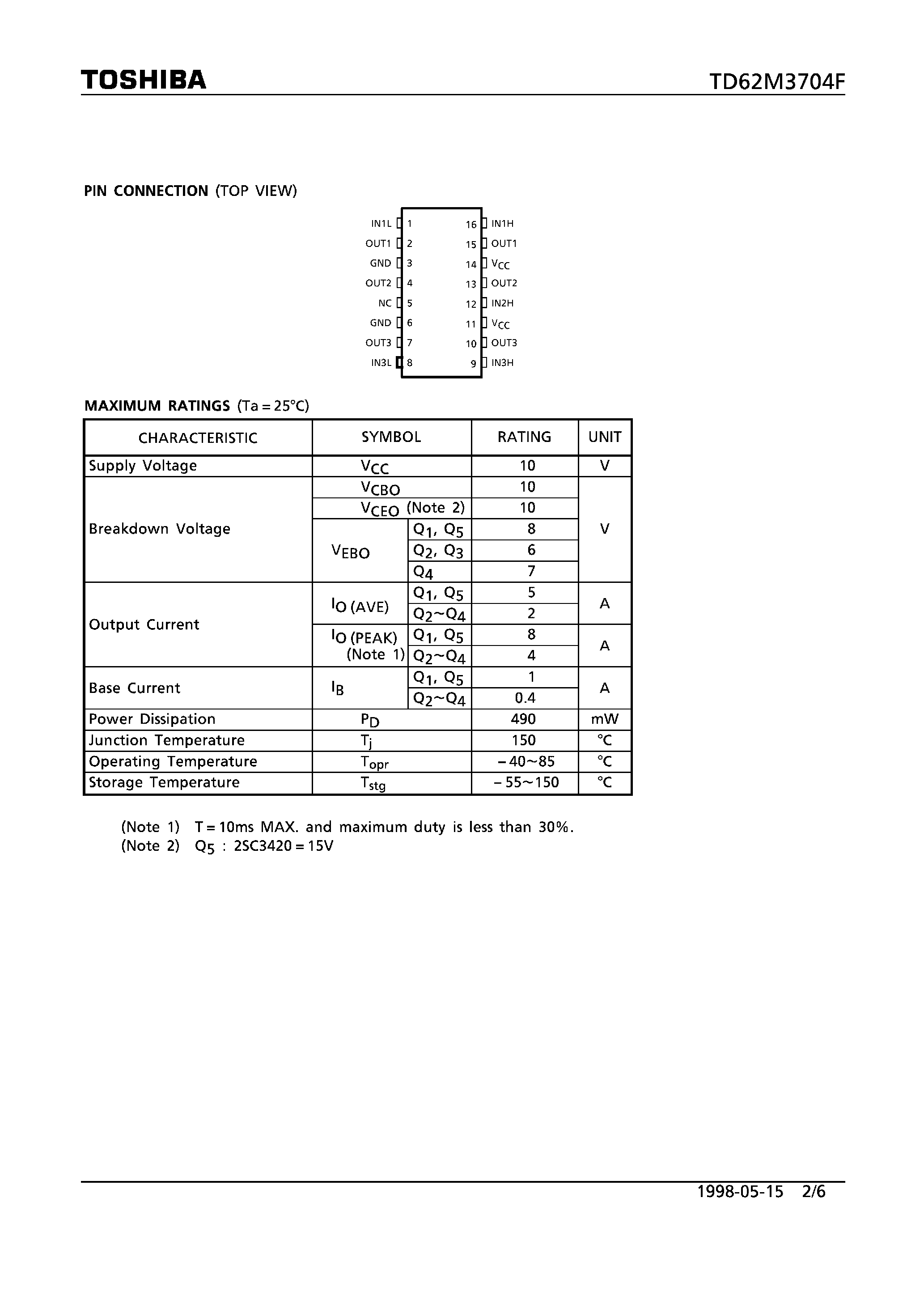 Datasheet TD62M3704F page 2 Datasheet TD62M3704F - LOW SATURATION VOLTAGE H-BRIDGE DRIVER FOR MOTOR page 2