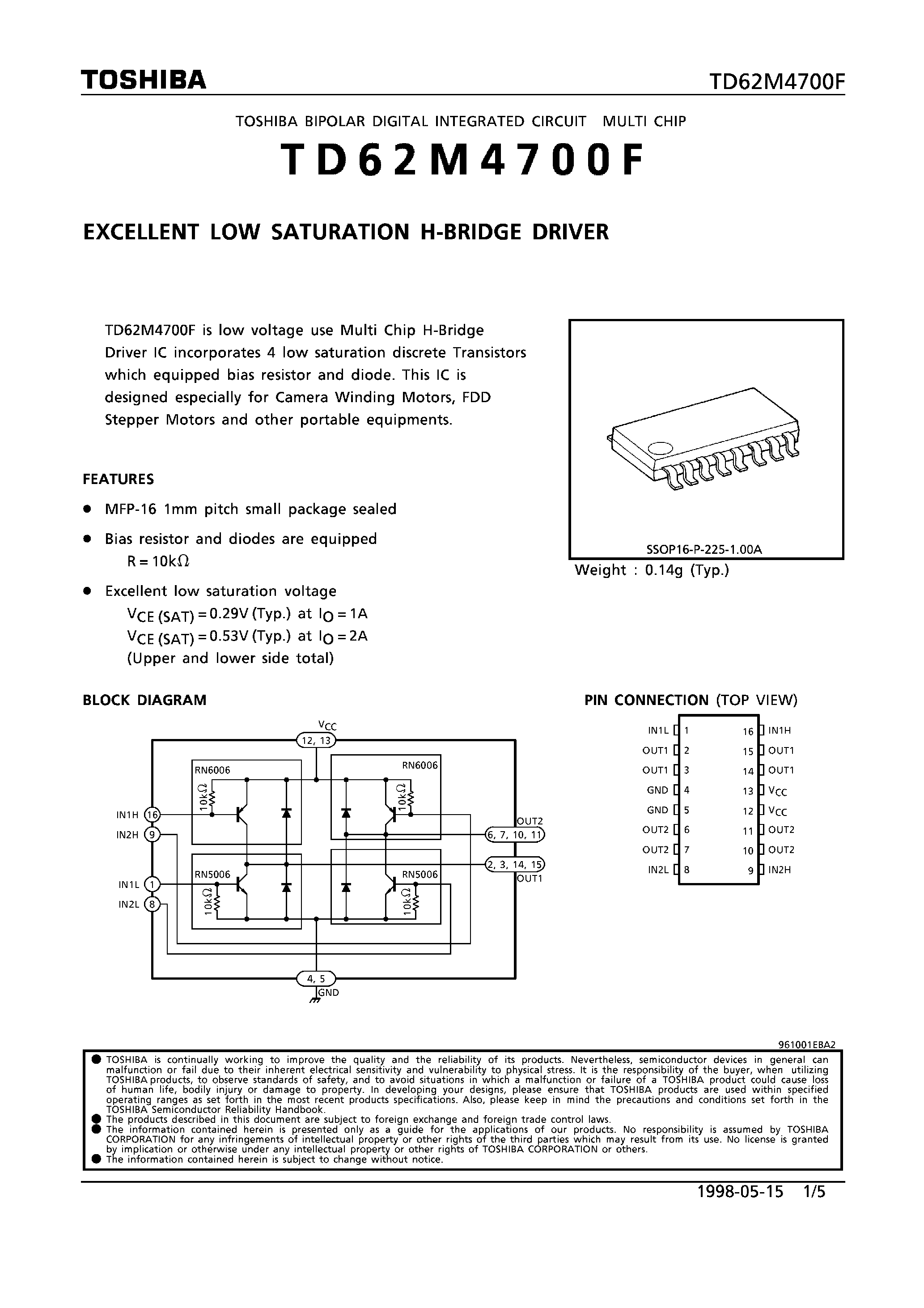Даташит на микросхему TD62M4700F страница 1 Даташит TD62M4700F - EXCELLENT LOW SATURATION H-BRIDGE DRIVER страница 1