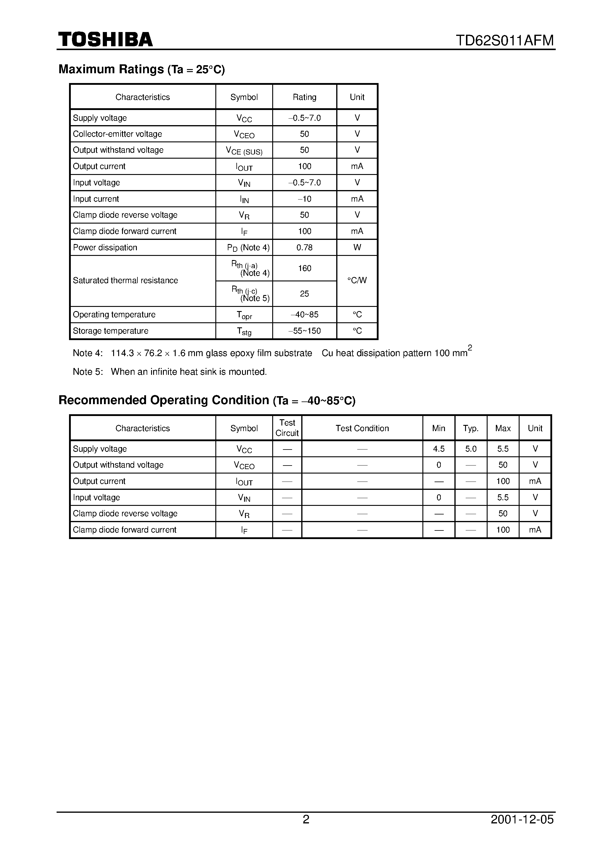 Datasheet TD62S011AFM - 1-Channel Sink-Current Driver page 2