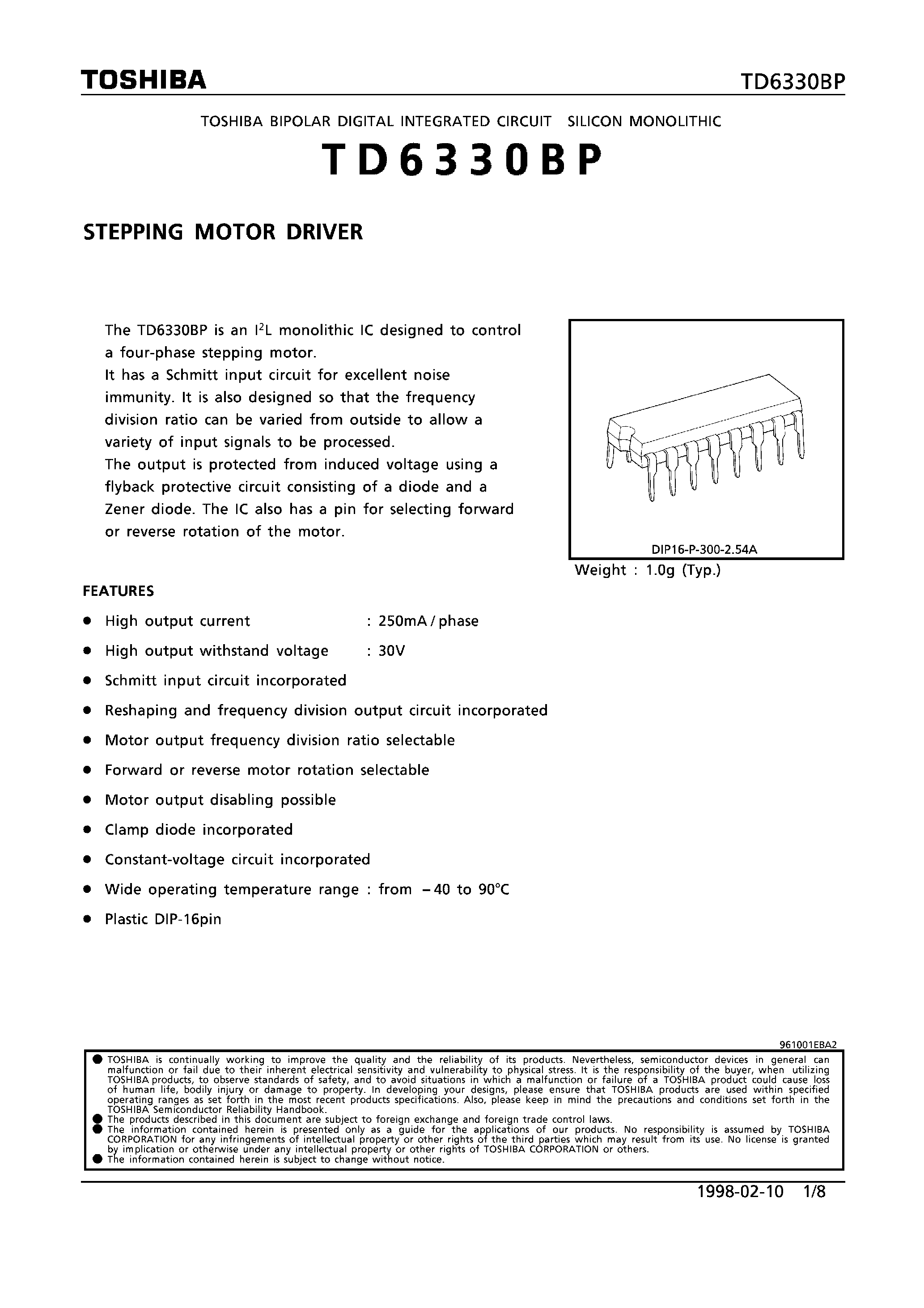 Datasheet TD6330BP page 1 Datasheet TD6330BP - STEPPING MOTOR DRIVER page 1