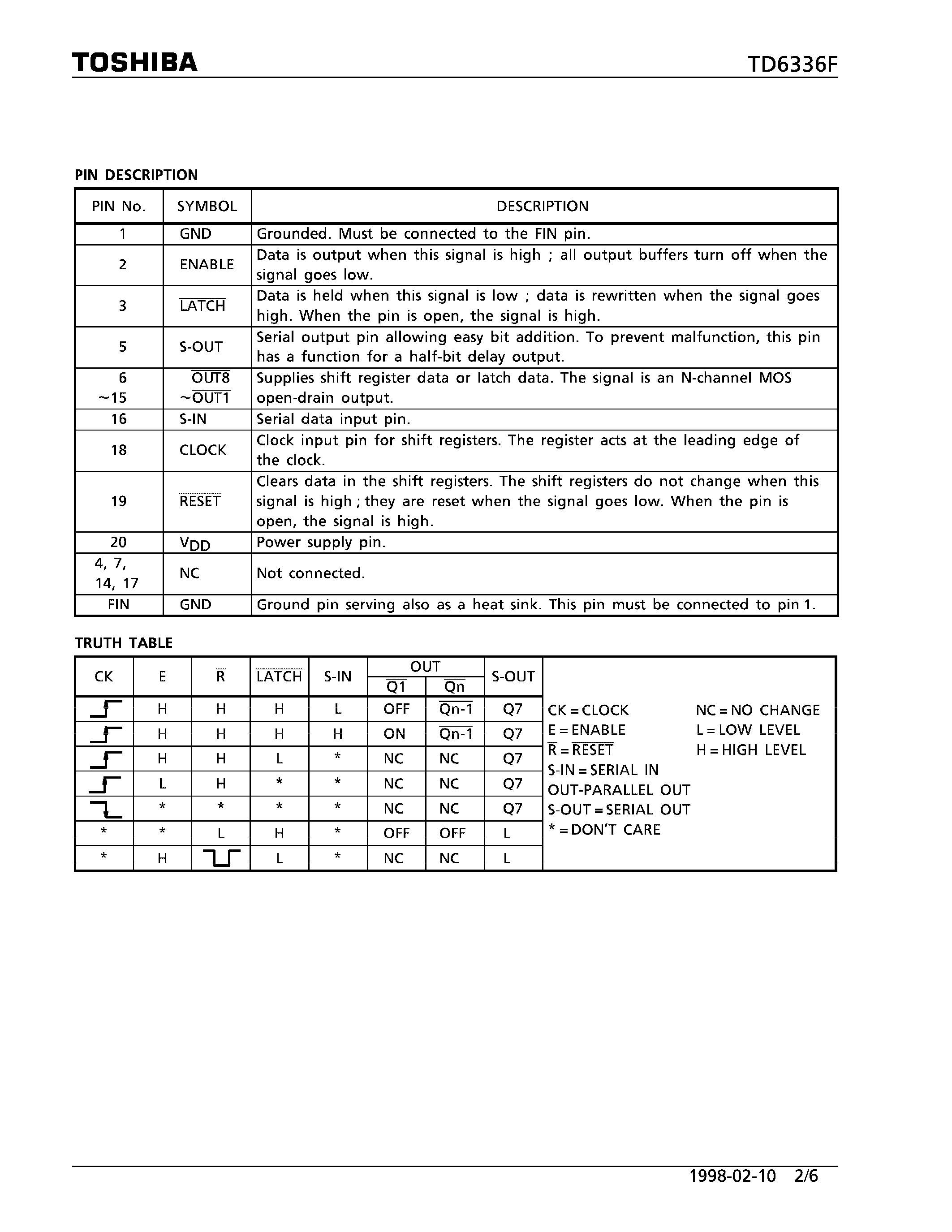Даташит TD6336 - 8-BIT SERIAL-IN PARALLEL-OUT DRIVER страница 2