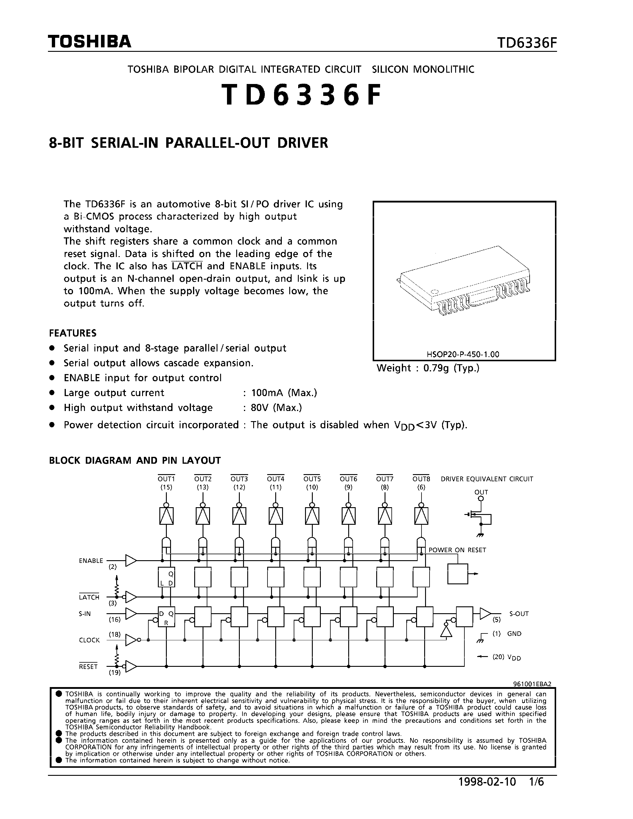 Даташит TD6336F - 8-BIT SERIAL-IN PARALLEL-OUT DRIVER страница 1