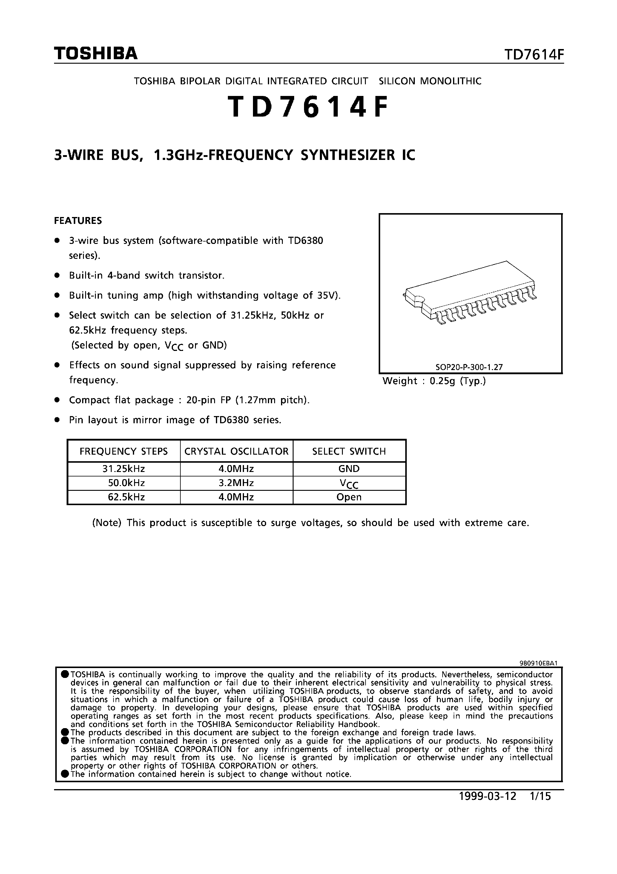 Datasheet TD7614F - 3-WIRE BUS/ 1.3GHz-FREQUENCY SYNTHESIZER IC page 1