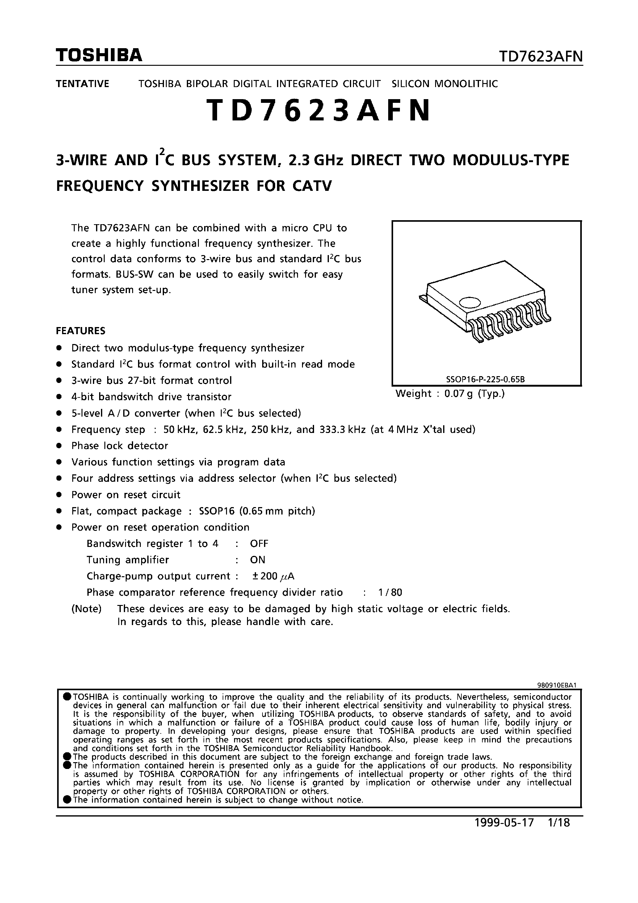 Datasheet TD7623AFN - 3-WIRE AND I2C BUS SYSTEM/ 2.3 GHz DIRECT TWO MODULUS-TYPE FREQUENCY SYNTHESIZER FOR CATV page 1