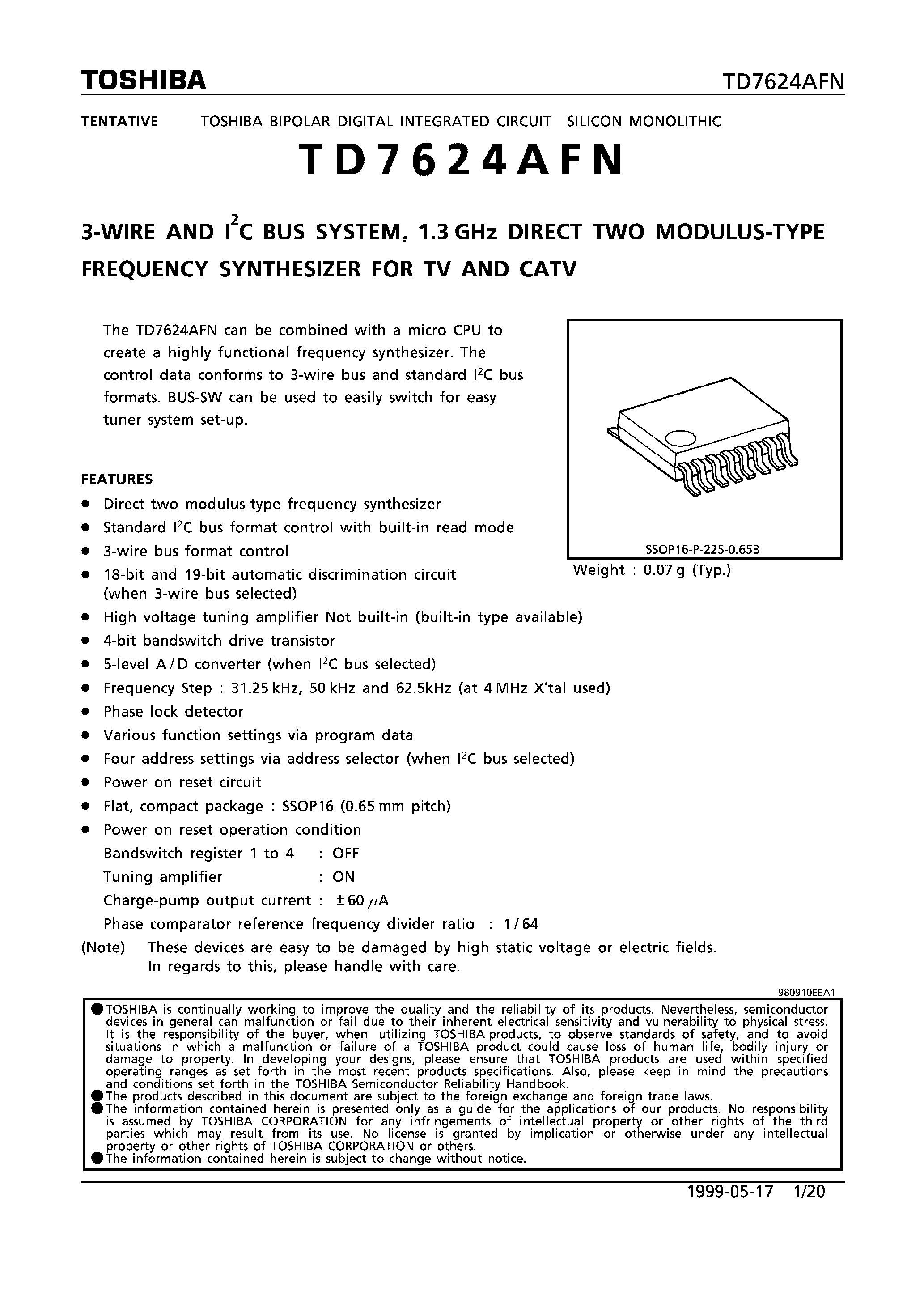 Datasheet TD7624AFN - 3-WIRE AND I2C BUS SYSTEM/ 1.3GHz DIRECT TWO MODULUS-TYPE FREQUENCY SYNTHESIZER FOR TV AND CATV page 1