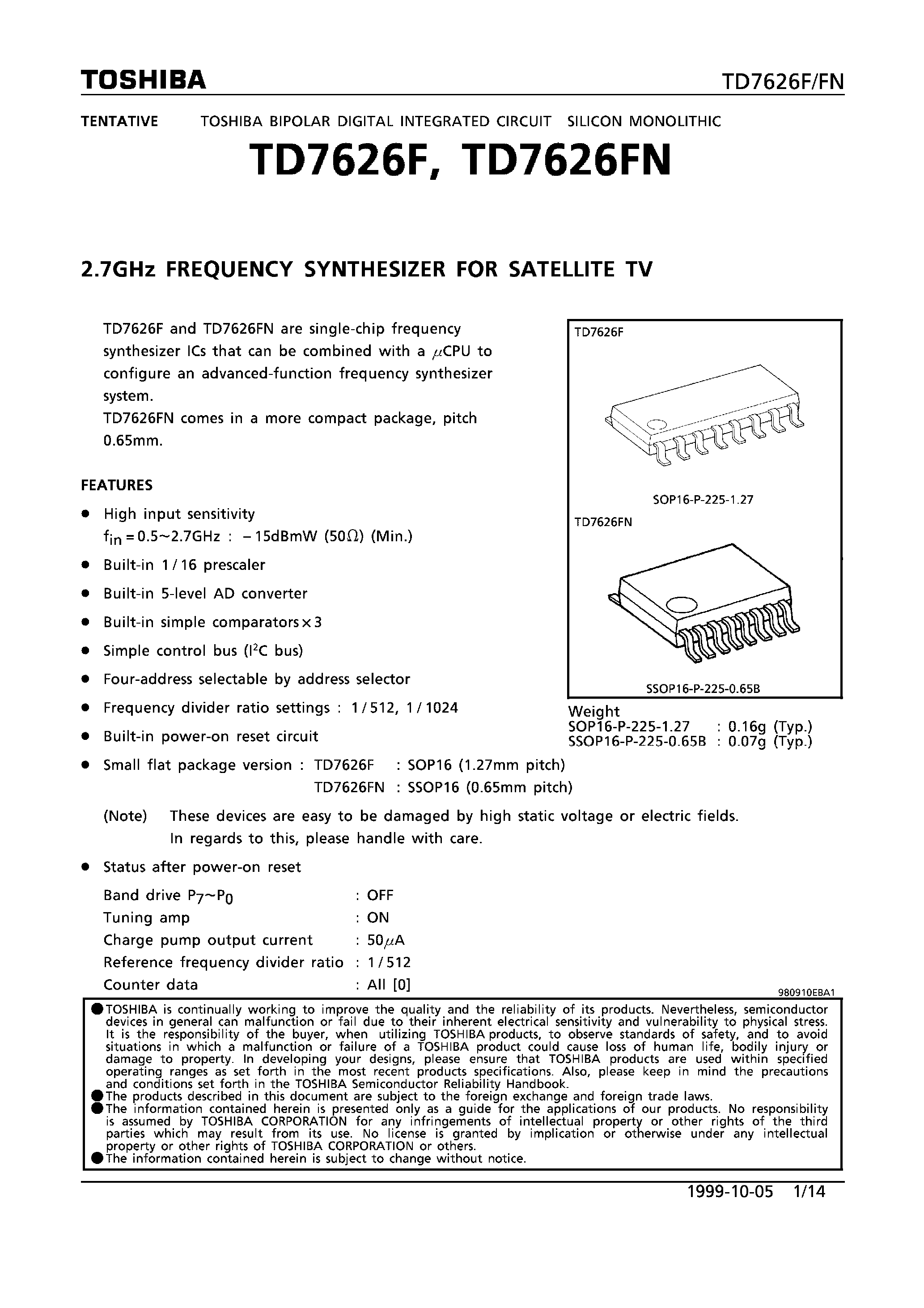 Datasheet TD7626FN - 2.7GHz FREQUENCY SYNTHESIZER FOR SATELLITE TV page 1