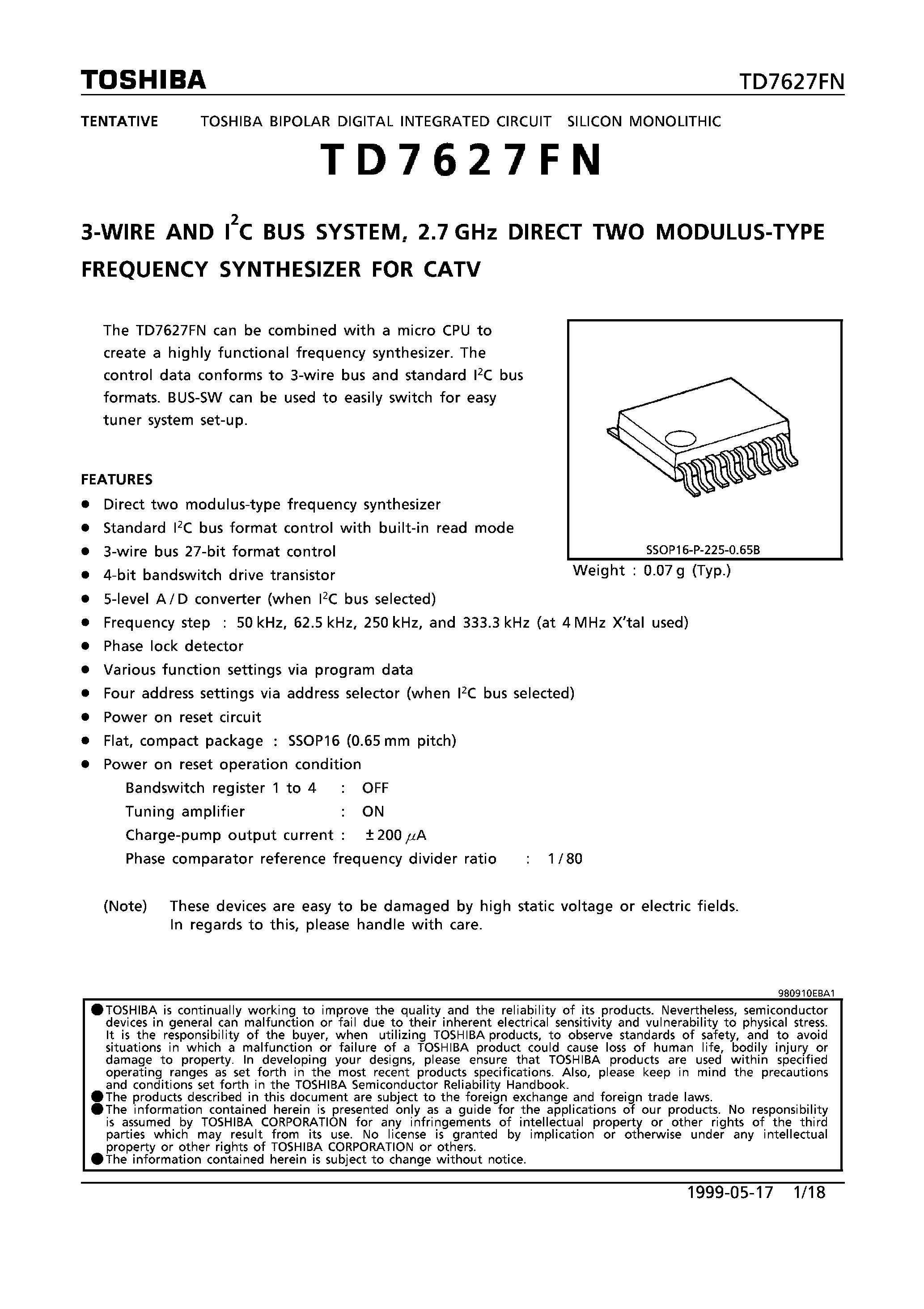Datasheet TD7627FN - 30WIRE AND I2C BUS SYSTEM/ 2.7 GHz DIRECT TWO MODULUS-TYPE FREQUENCY SYNTHSIZER FOR CATV page 1