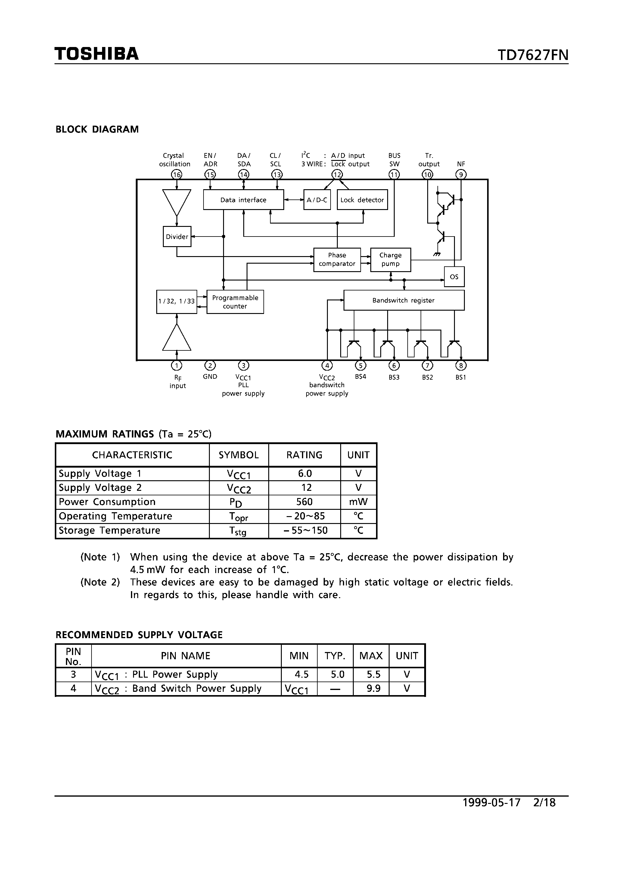 Datasheet TD7627FN - 30WIRE AND I2C BUS SYSTEM/ 2.7 GHz DIRECT TWO MODULUS-TYPE FREQUENCY SYNTHSIZER FOR CATV page 2