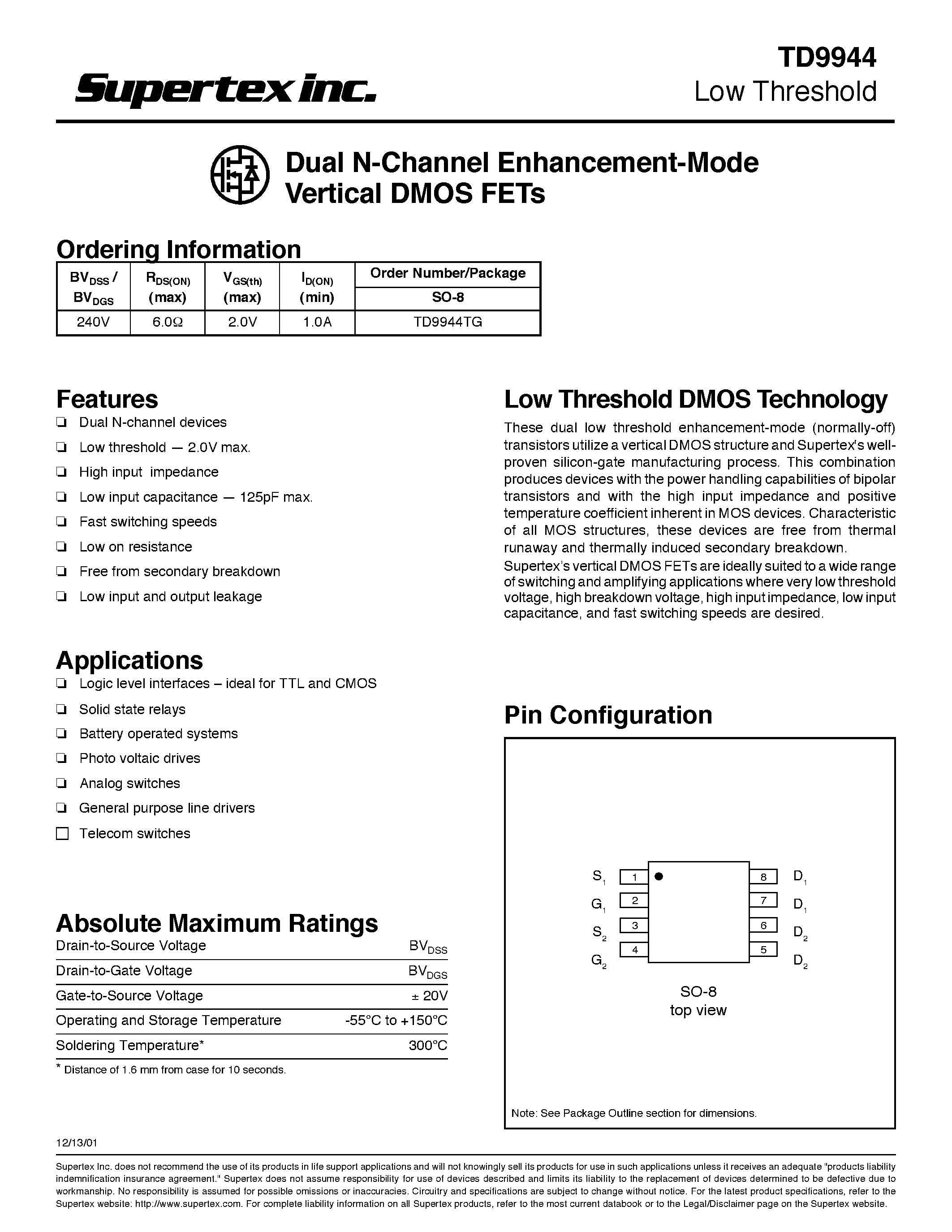 Datasheet TD9944 - Dual N-Channel Enhancement-Mode Vertical DMOS FETs page 1