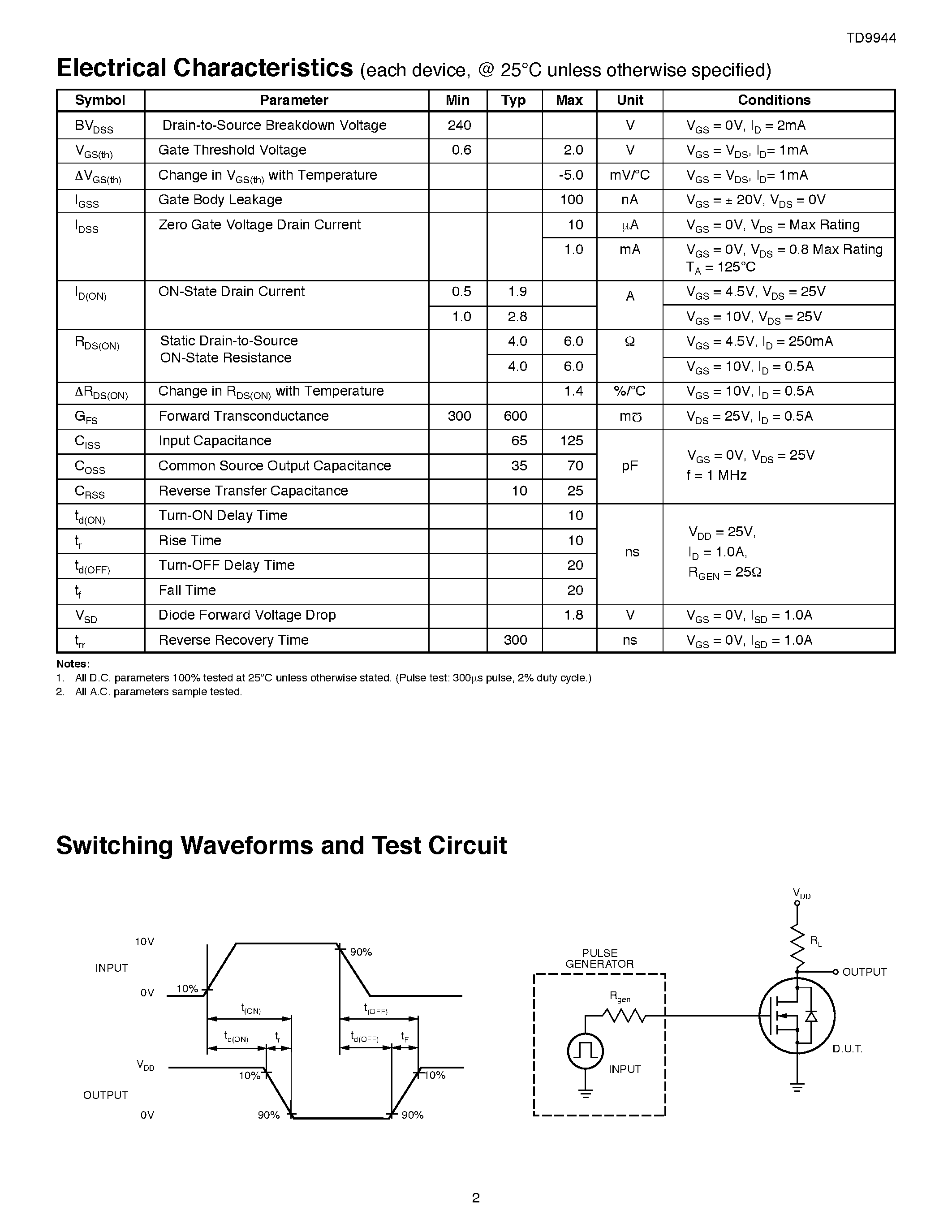 Datasheet TD9944 - Dual N-Channel Enhancement-Mode Vertical DMOS FETs page 2