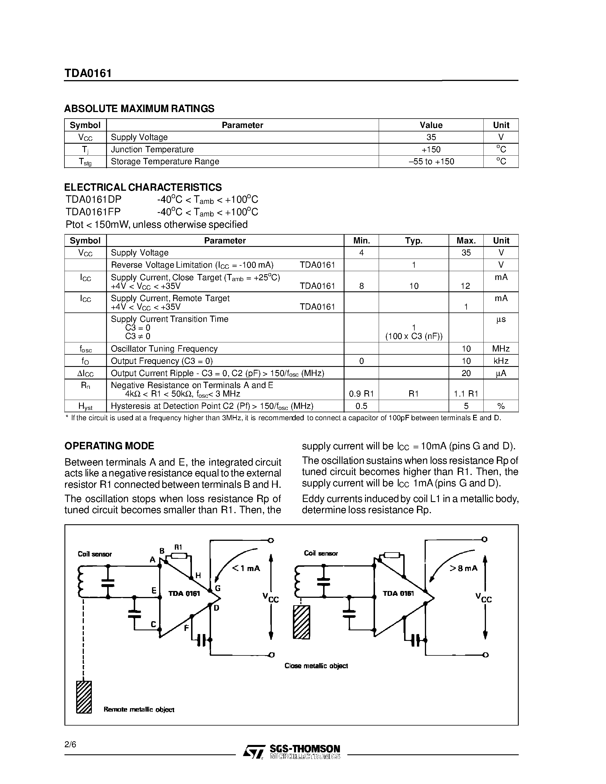 Datasheet TDA0161 page 2 Datasheet TDA0161 - PROXIMITY DETECTORS page 2