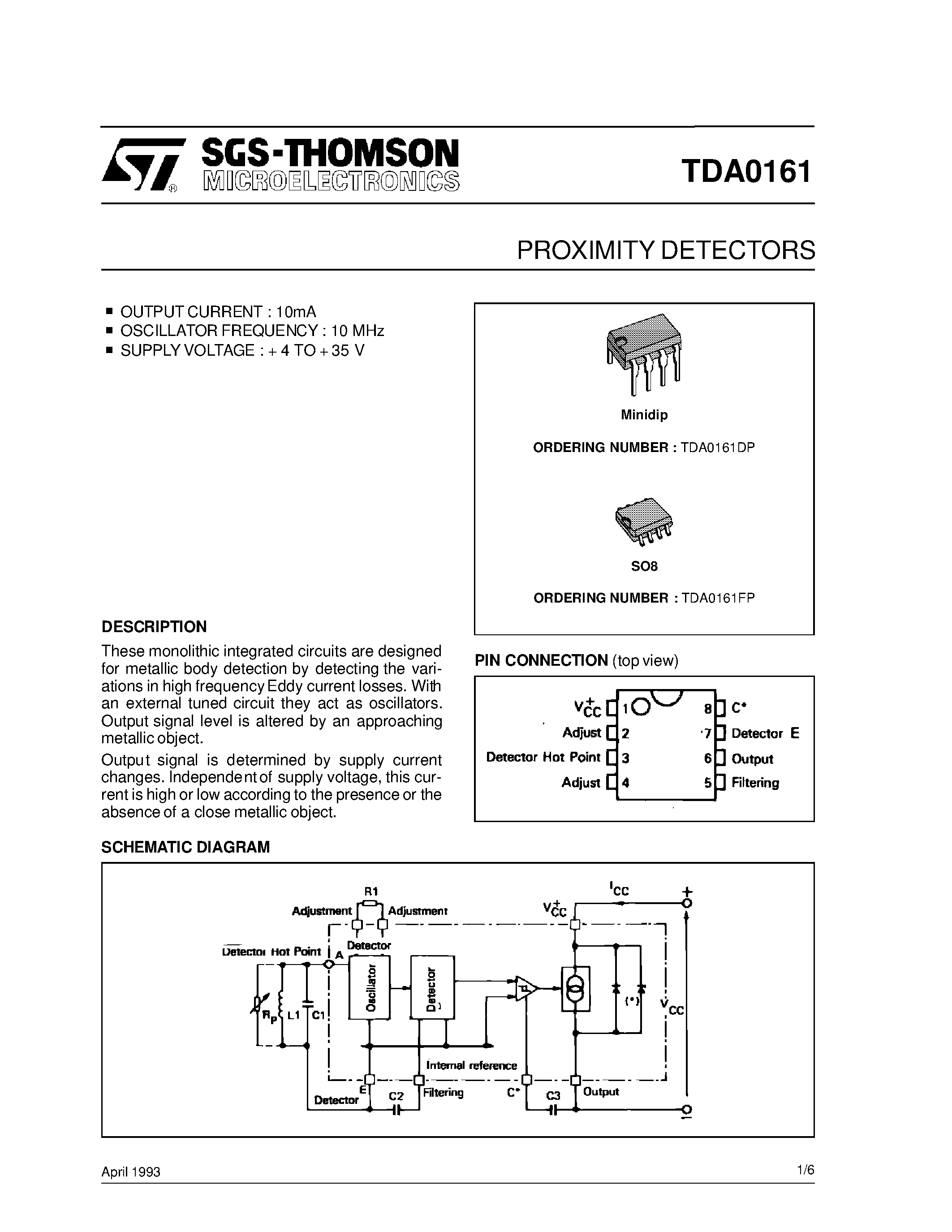 Даташит TDA0161DP - PROXIMITY DETECTORS страница 1