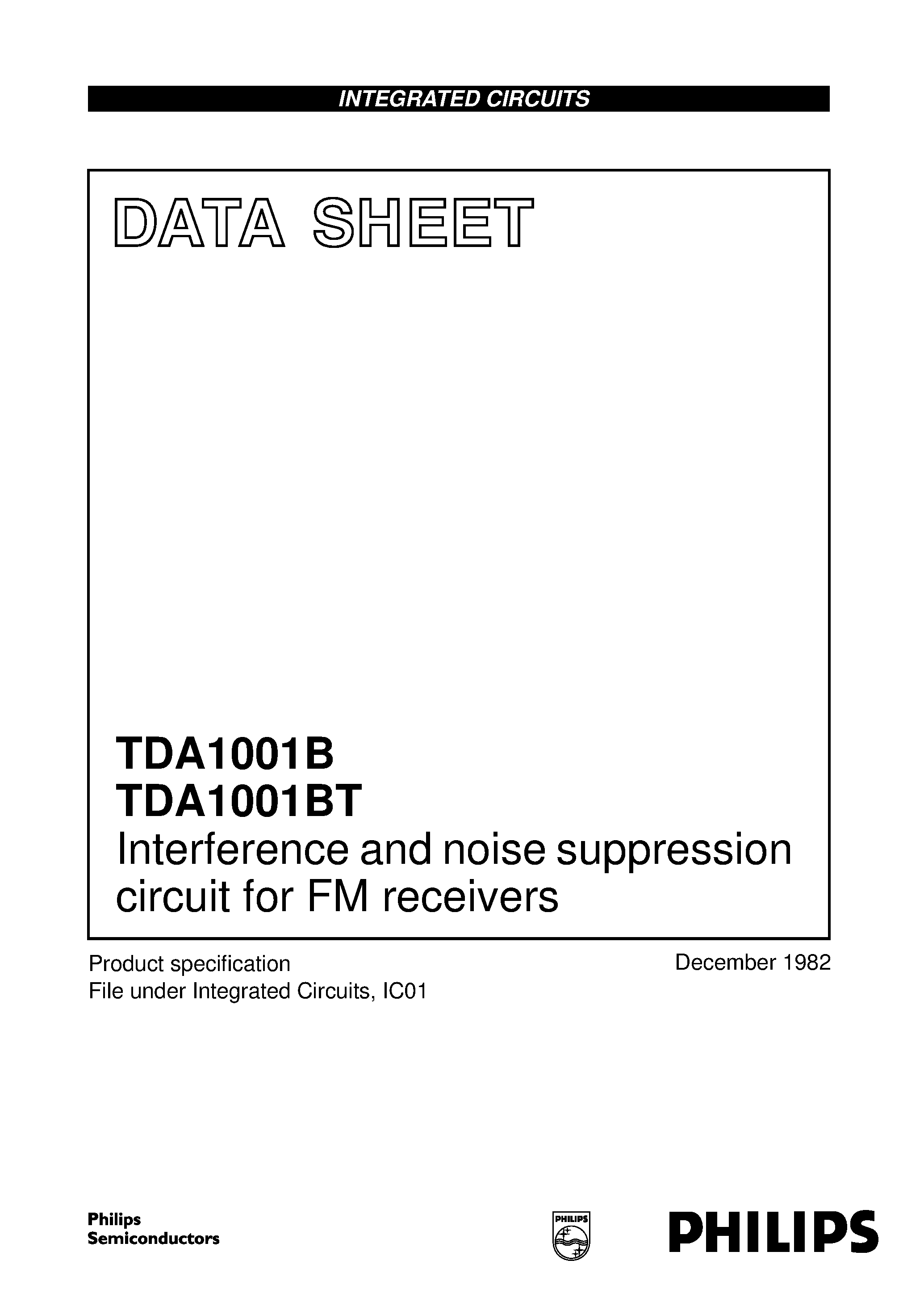 Datasheet TDA1001BT page 1 Datasheet TDA1001BT - Interference and noise suppression circuit for FM receivers page 1