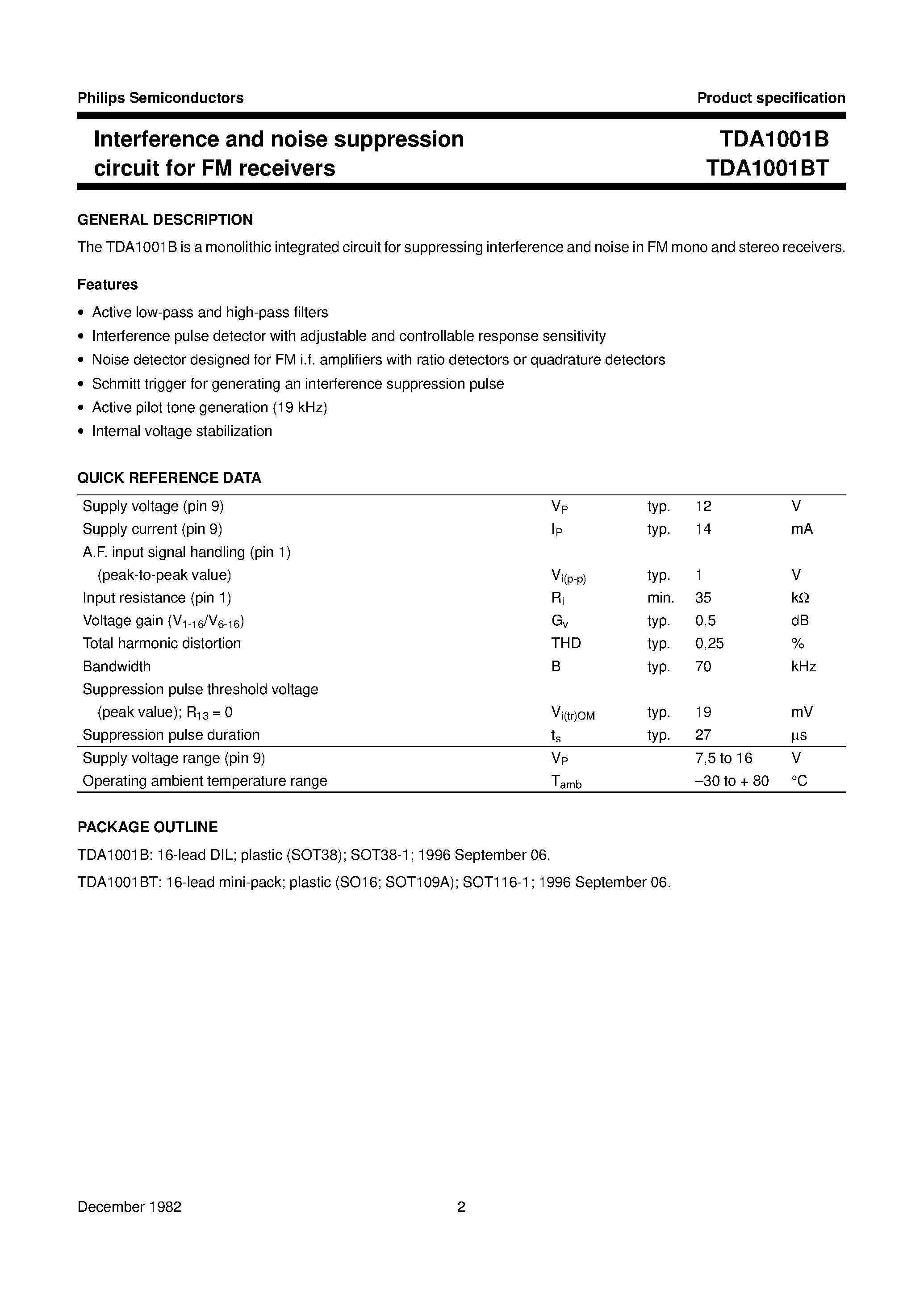 Datasheet TDA1001BT page 2 Datasheet TDA1001BT - Interference and noise suppression circuit for FM receivers page 2
