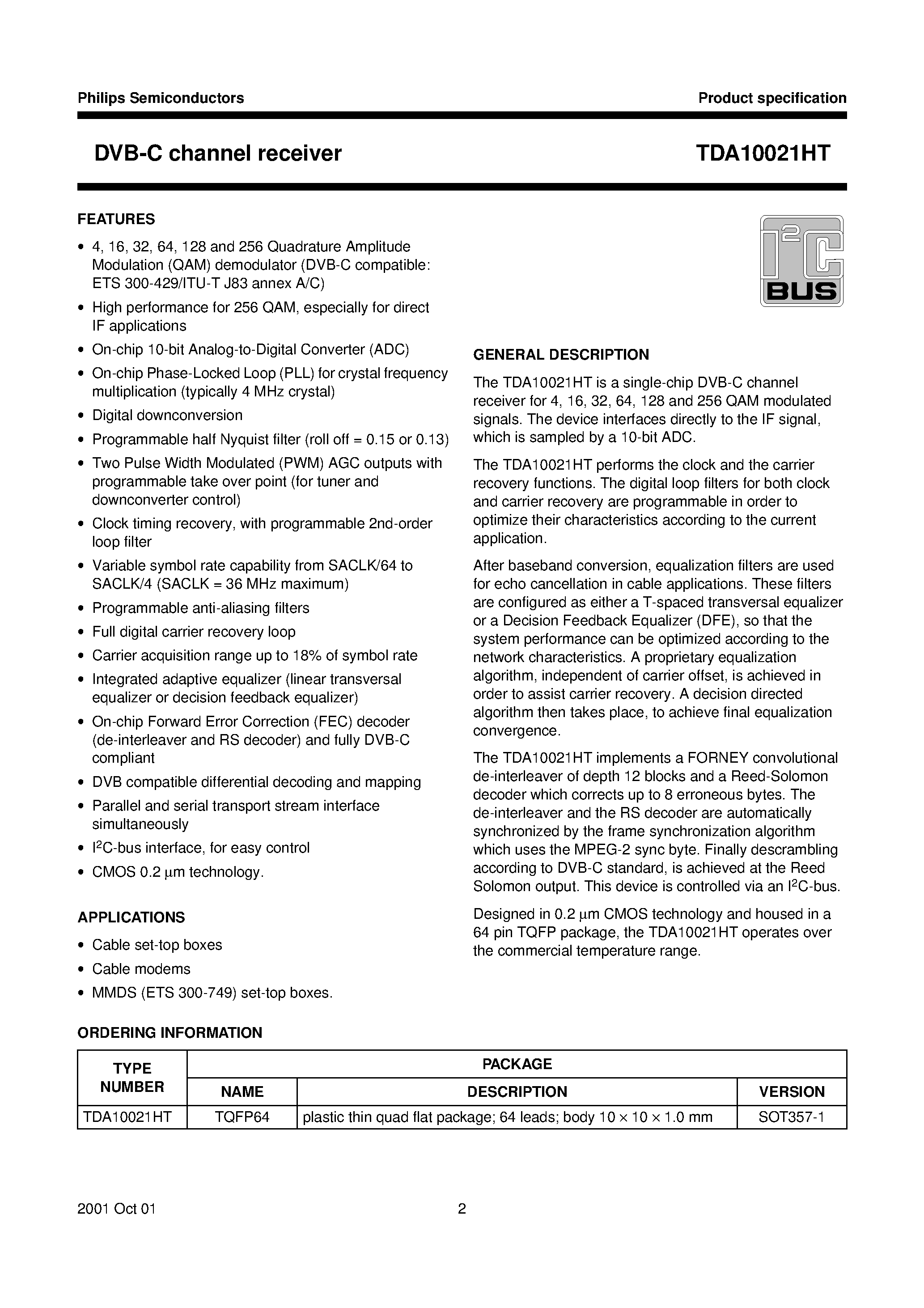Datasheet TDA10021 - DVB-C channel receiver page 2