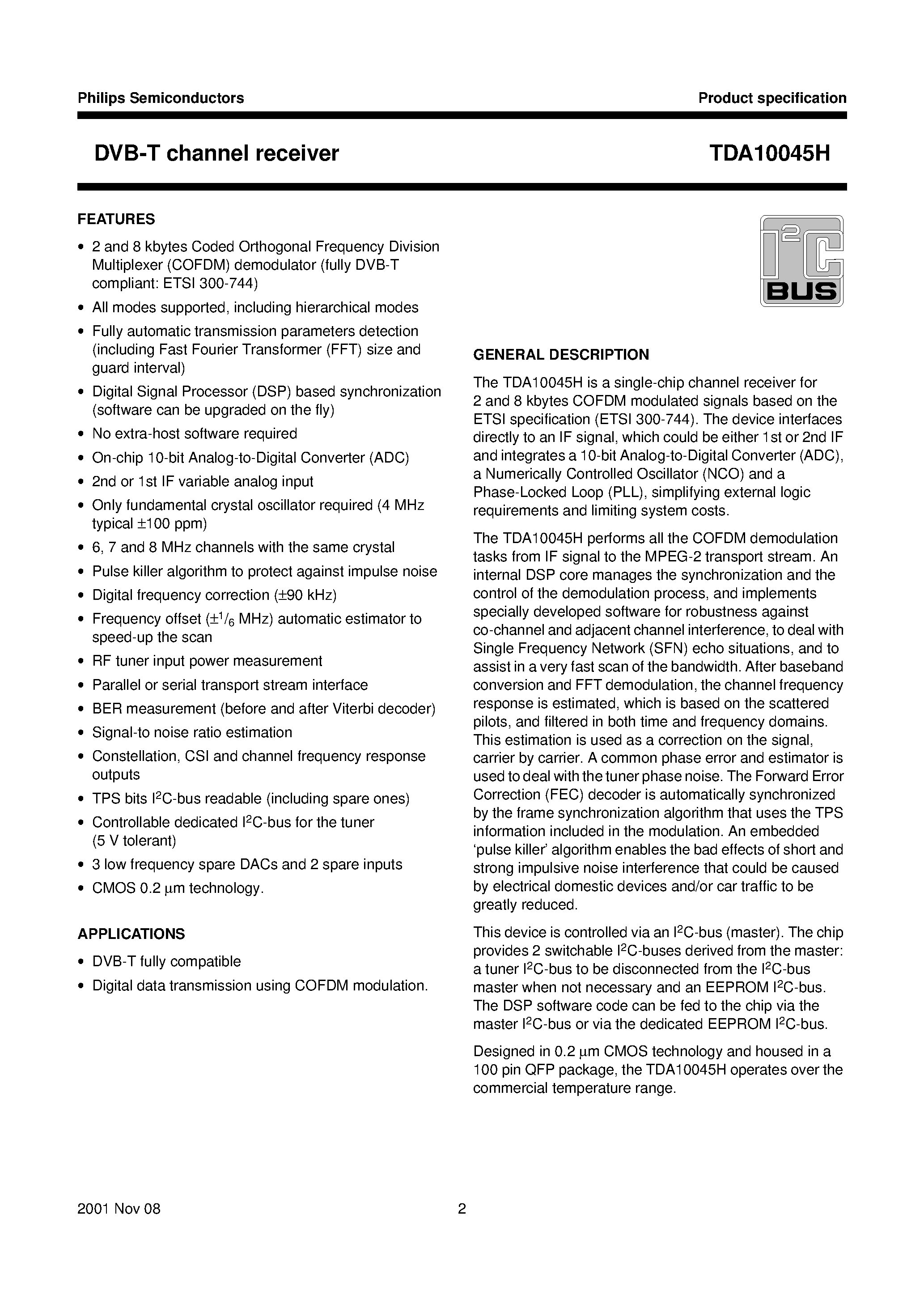 Datasheet TDA10045 page 2 Datasheet TDA10045 - DVB-T channel receiver page 2