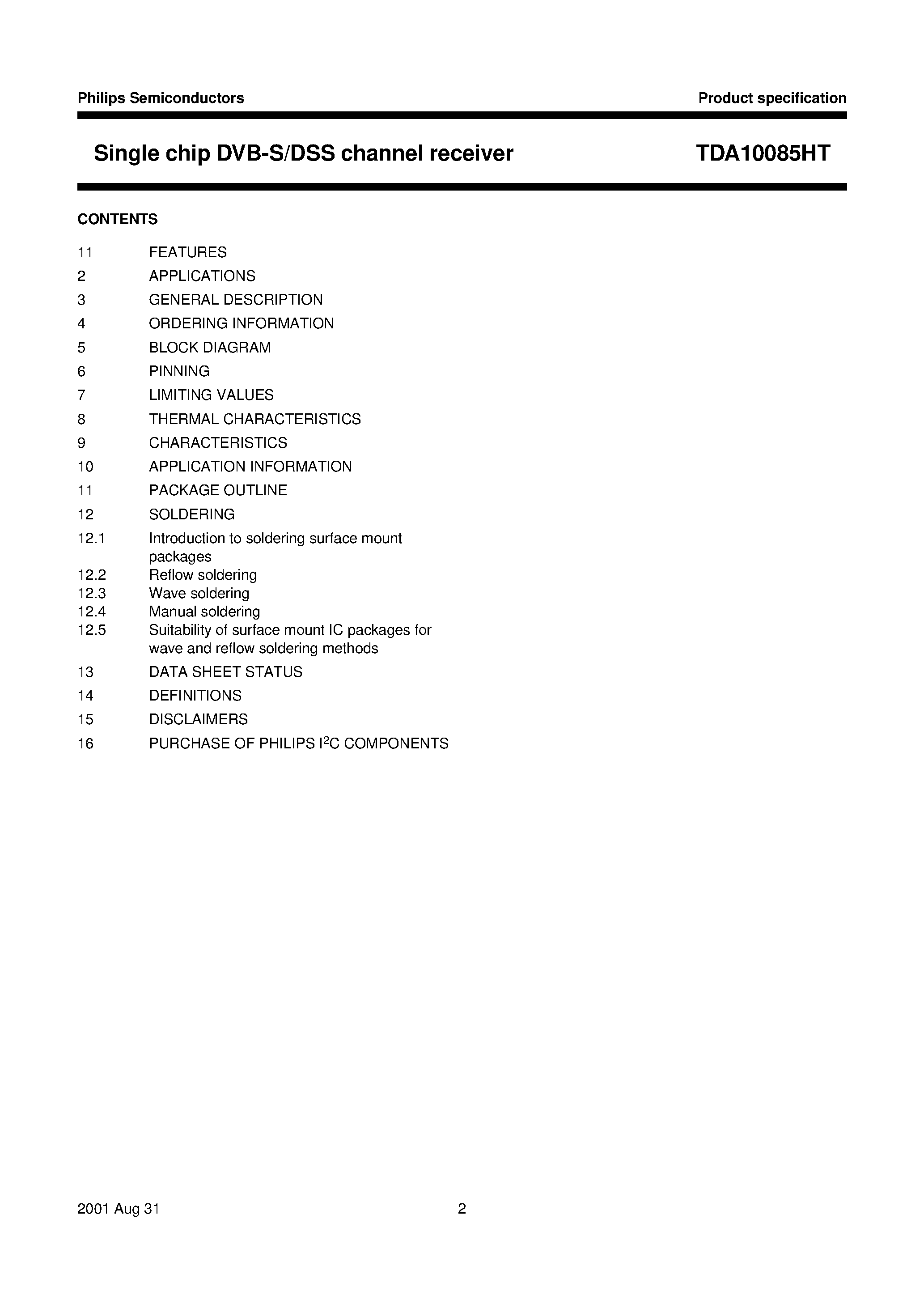 Datasheet TDA10085 page 2 Datasheet TDA10085 - Single chip DVB-S/DSS channel receiver page 2
