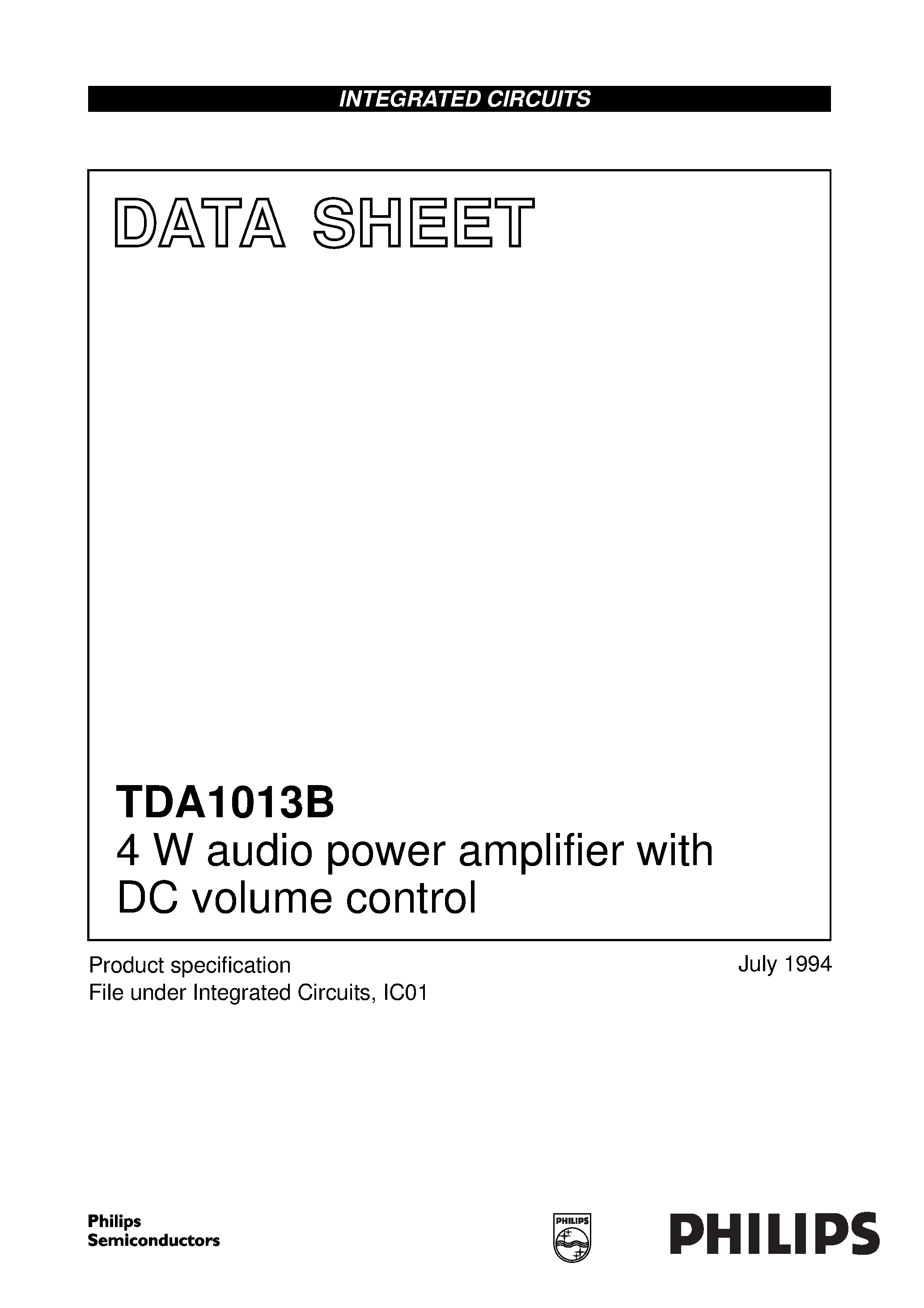 Даташит TDA1013B - 4 W audio power amplifier with DC volume control страница 1