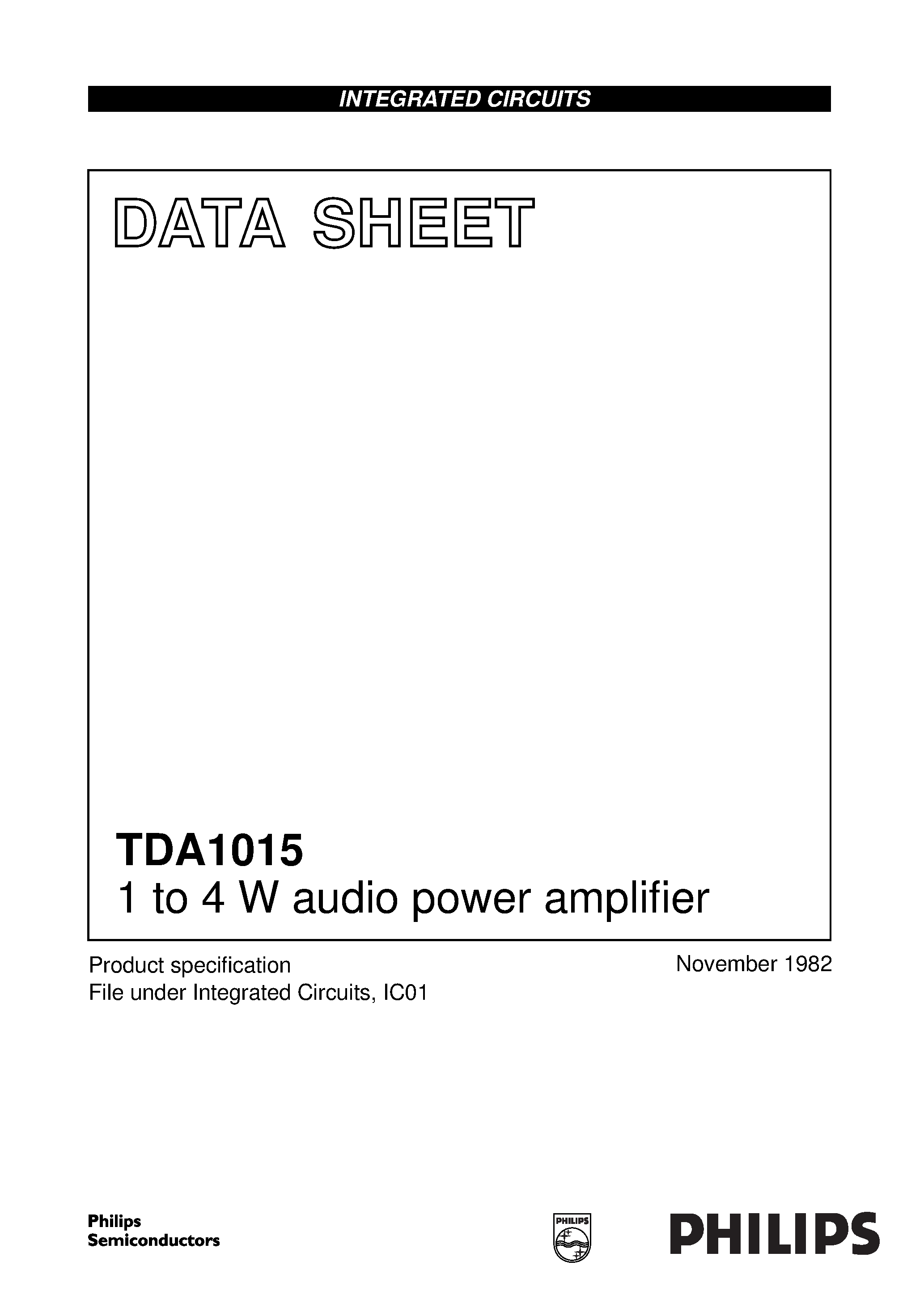 Datasheet TDA1015 page 1 Datasheet TDA1015 - 1 to 4 W audio power amplifier page 1